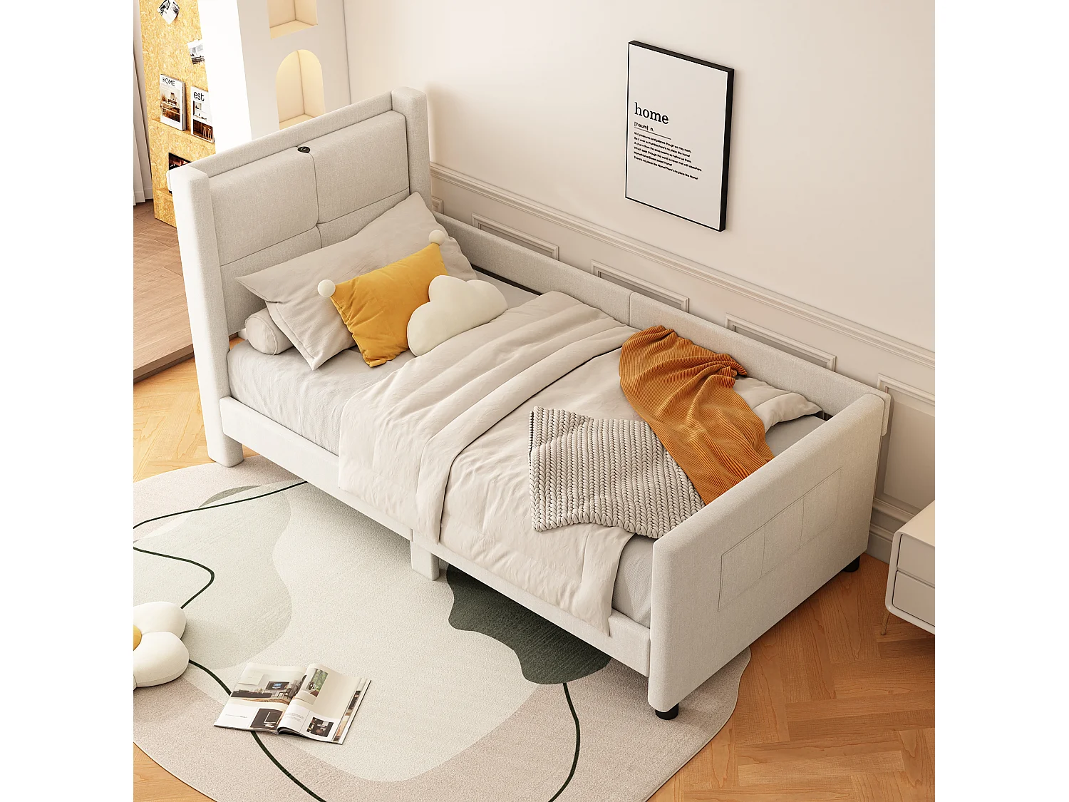 Lit capitonné 90 x 200 cm avec tête de lit - Prises USB et protection latérale - Tissu en lin - Coloris beige