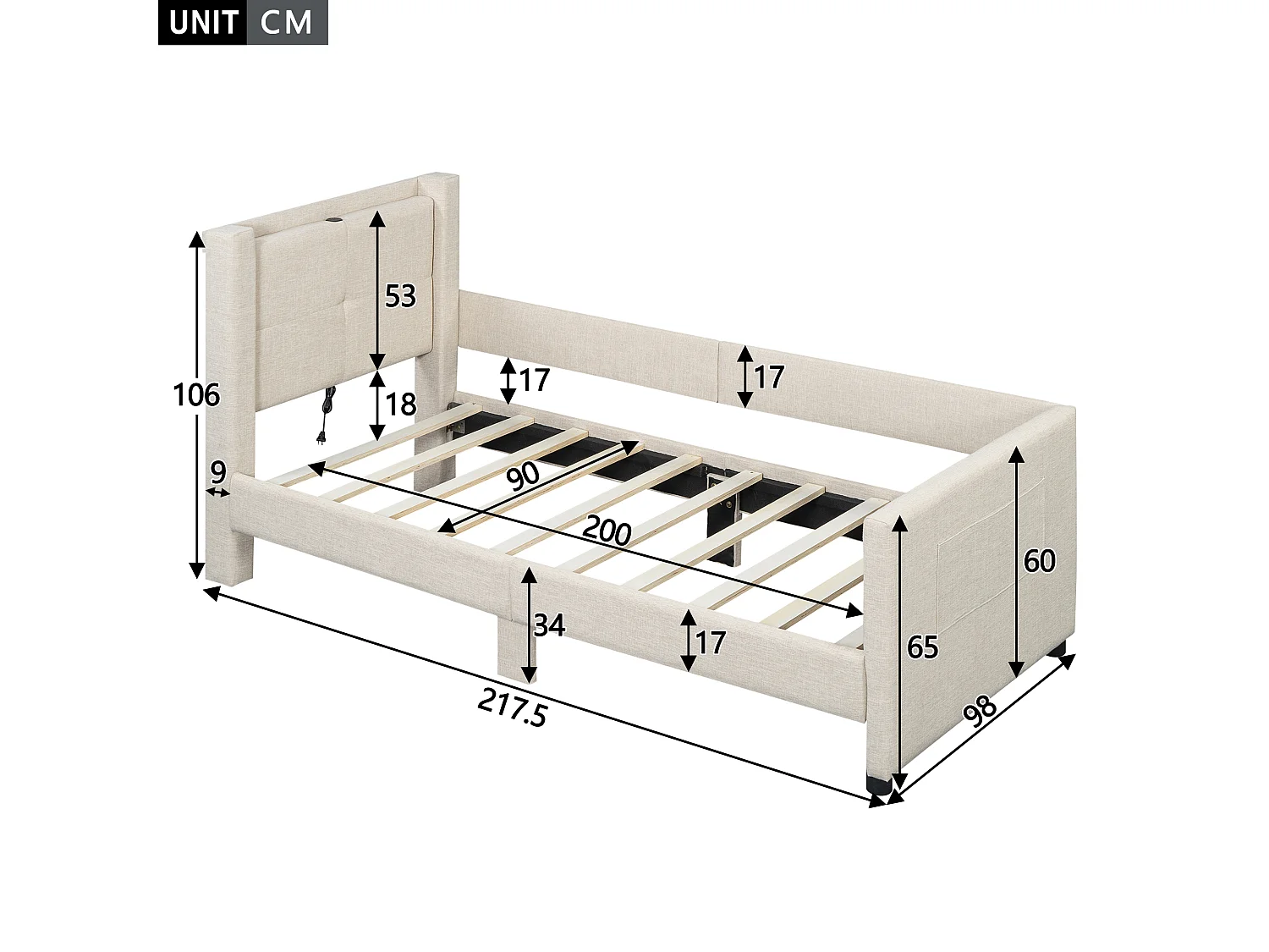 Lit capitonné 90 x 200 cm avec tête de lit - Prises USB et protection latérale - Tissu en lin - Coloris beige