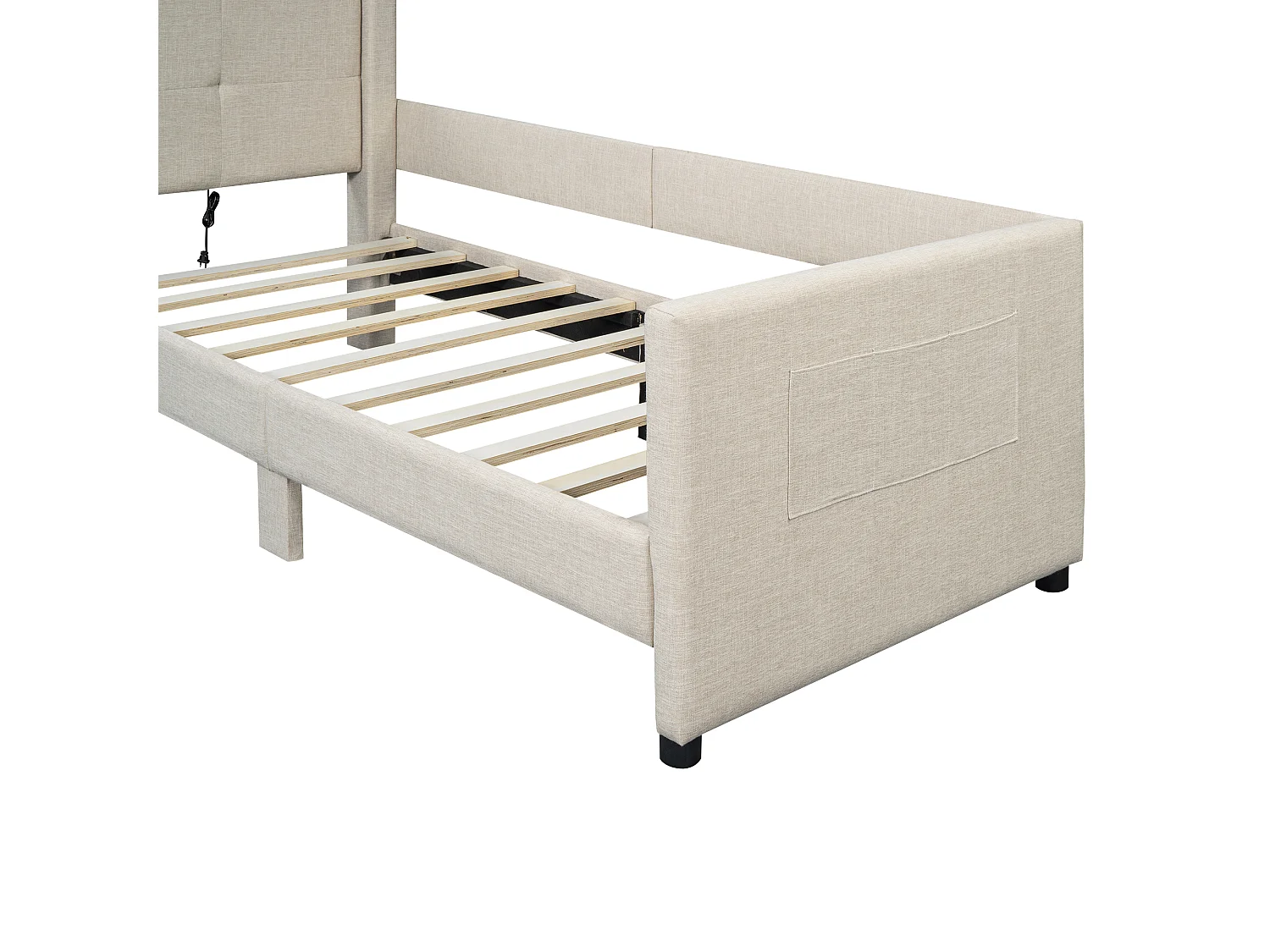 Lit capitonné 90 x 200 cm avec tête de lit - Prises USB et protection latérale - Tissu en lin - Coloris beige