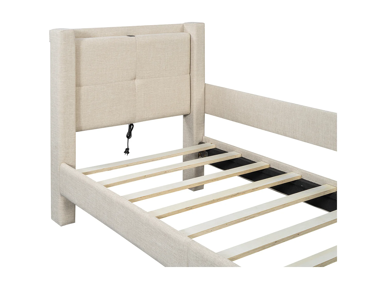 Lit capitonné 90 x 200 cm avec tête de lit - Prises USB et protection latérale - Tissu en lin - Coloris beige