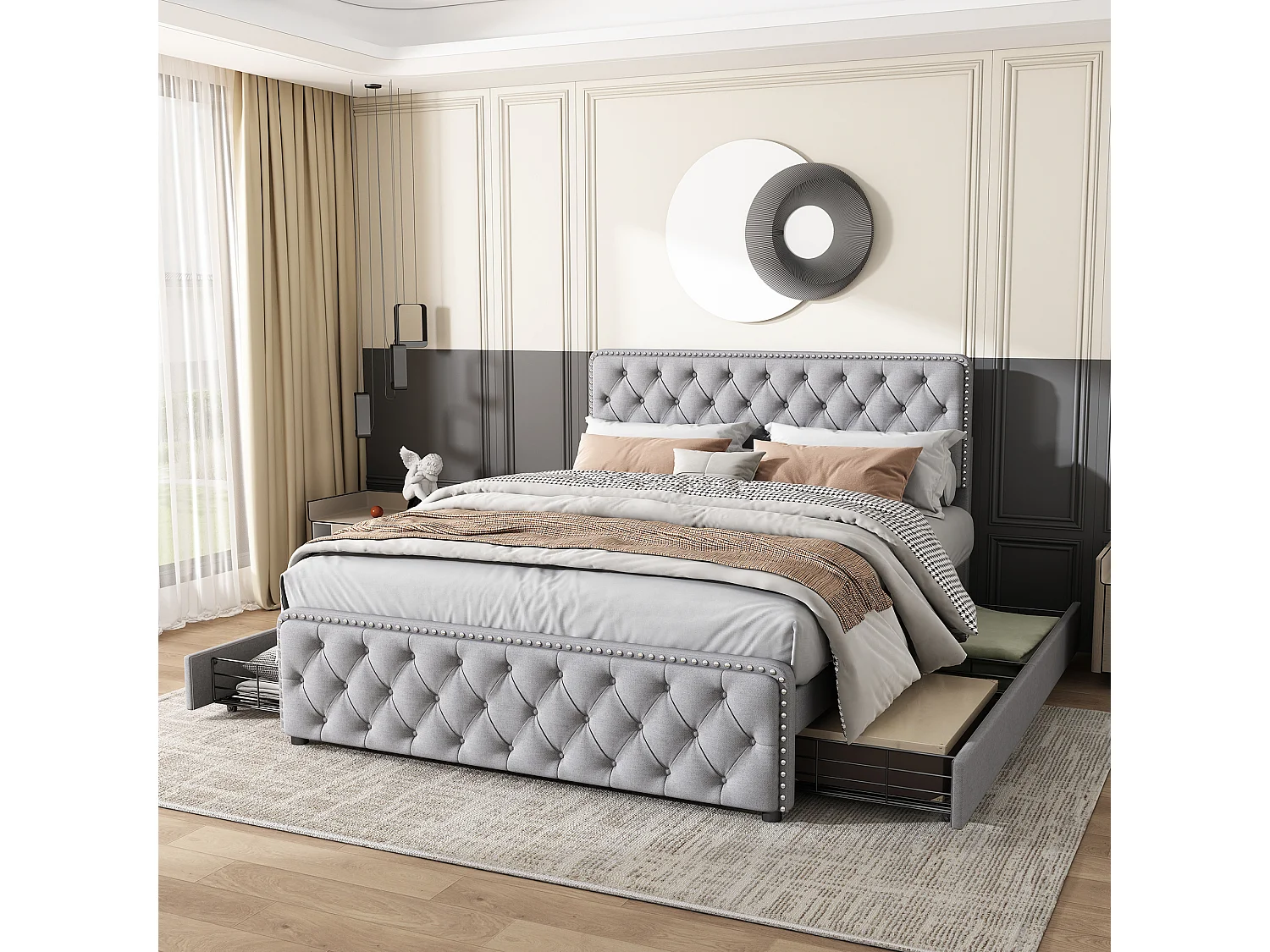 Lit capitonné 180 x 200 cm avec 4 tiroirs et tête de lit réglable - Tissu en lin - Coloris gris clair