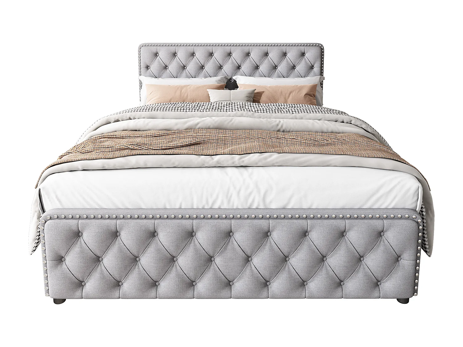 Lit capitonné 180 x 200 cm avec 4 tiroirs et tête de lit réglable - Tissu en lin - Coloris gris clair