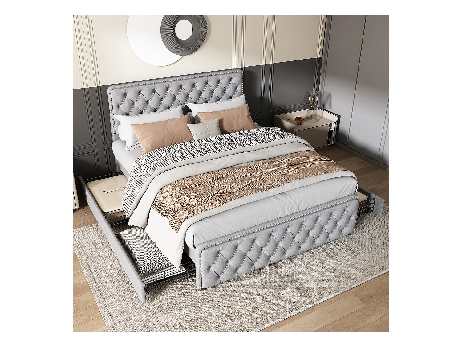 Gestoffeerd bed 180 x 200 cm met 4 lades en verstelbaar hoofdeinde - Linnen stof - Lichtgrijze kleur