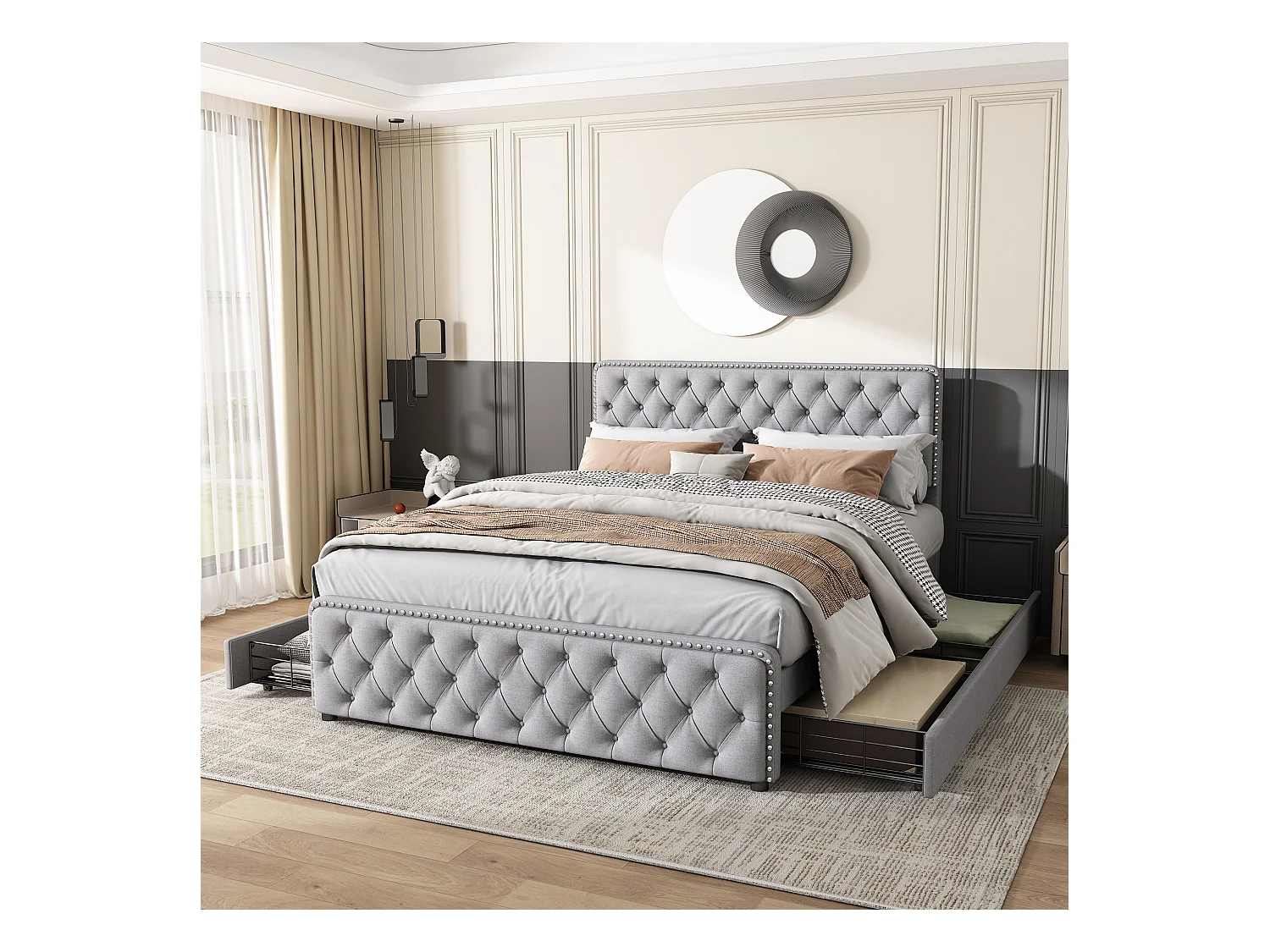 Cama tapizada 180x200 cm con 4 cajones y cabecero regulable - Tejido de lino - Color gris claro