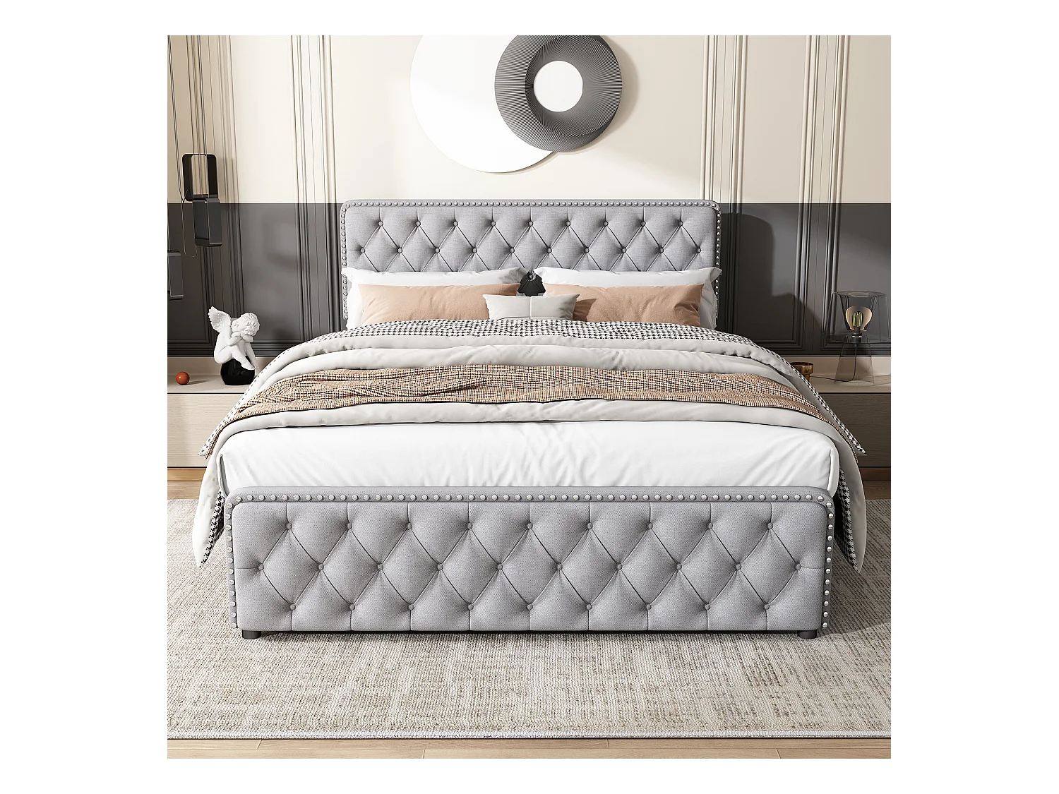 Cama tapizada 180x200 cm con 4 cajones y cabecero regulable - Tejido de lino - Color gris claro