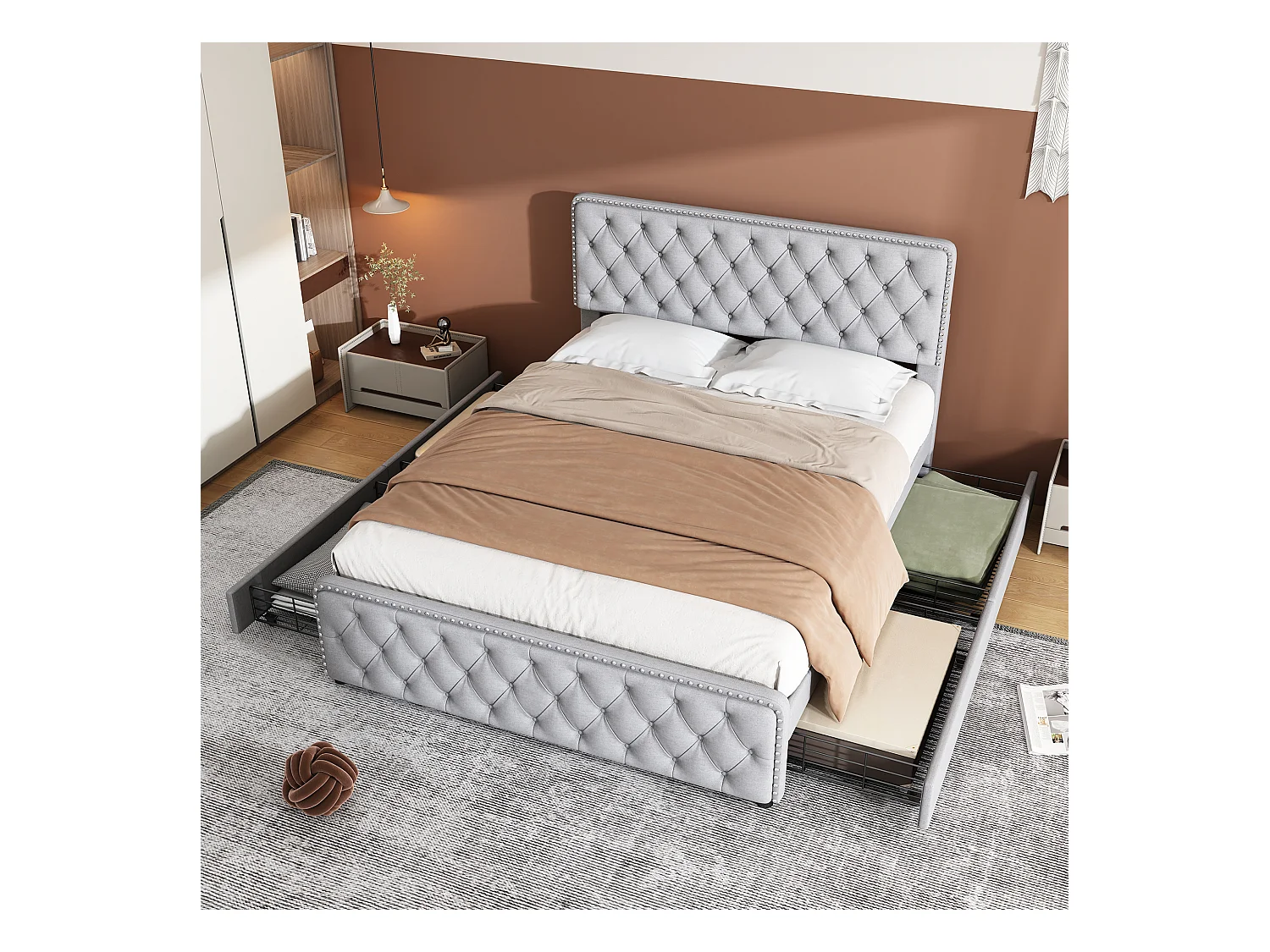 Cama tapizada 180x200 cm con 4 cajones y cabecero regulable - Tejido de lino - Color gris claro