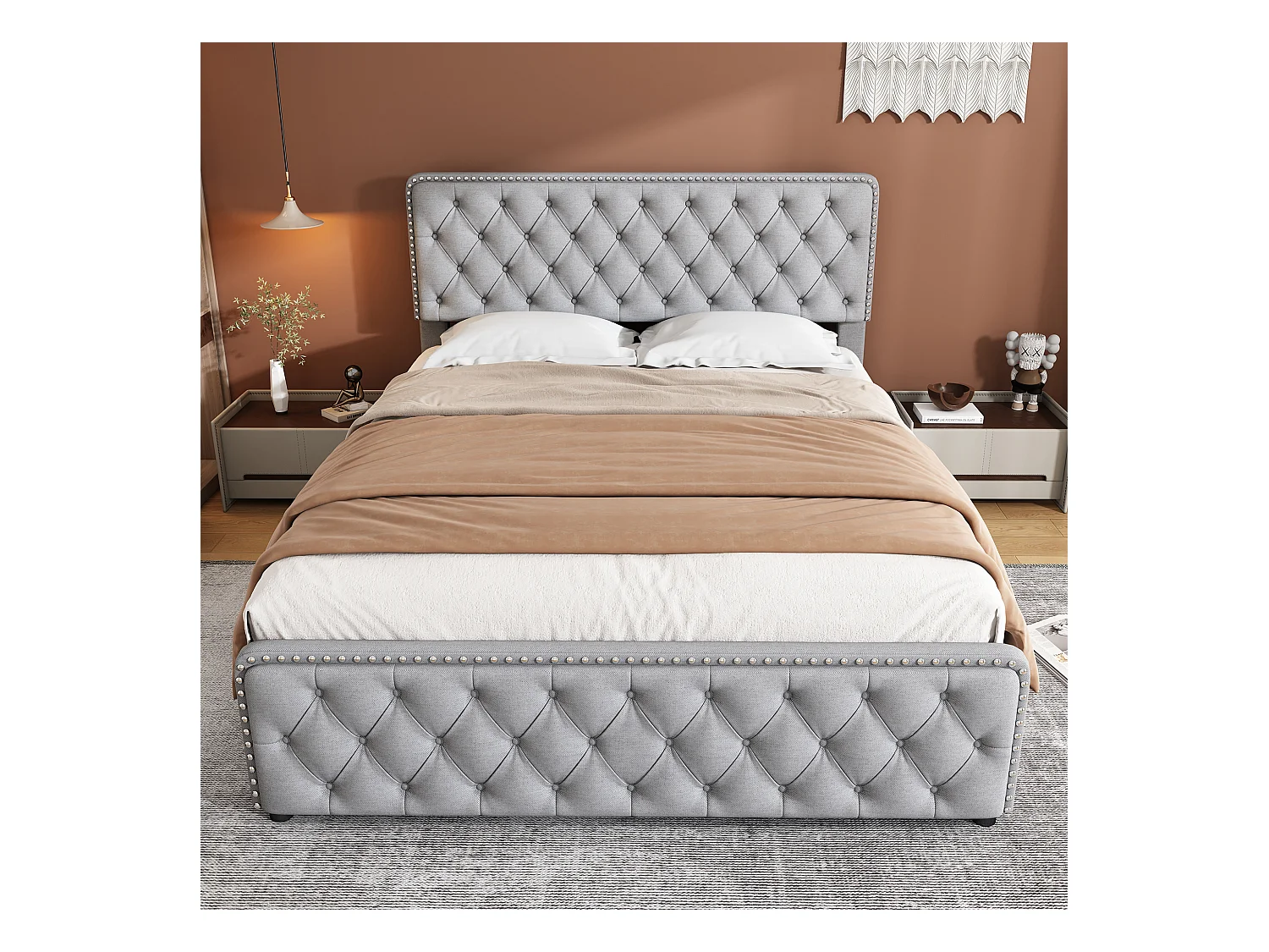 Cama tapizada 180x200 cm con 4 cajones y cabecero regulable - Tejido de lino - Color gris claro