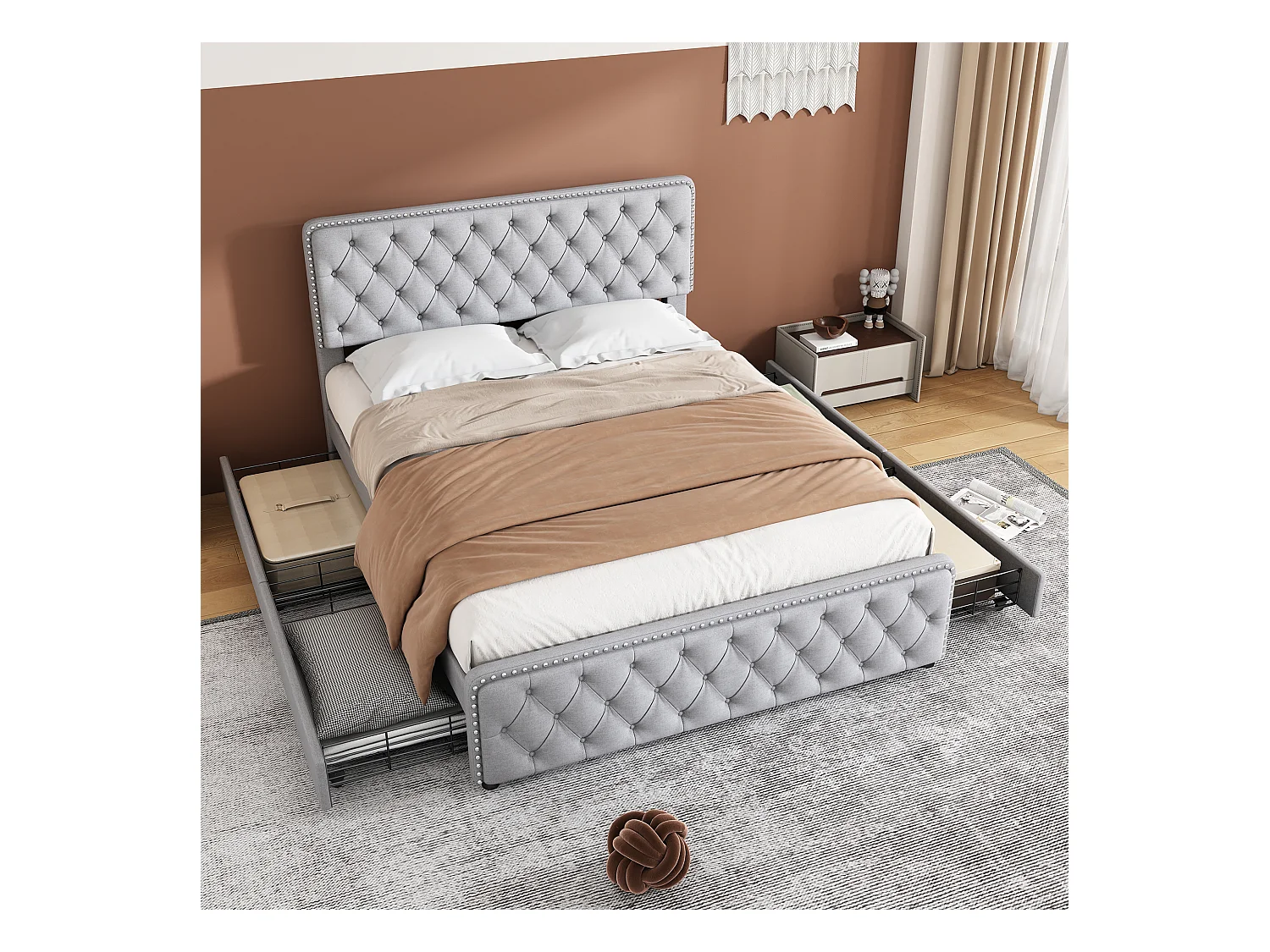 Cama tapizada 180x200 cm con 4 cajones y cabecero regulable - Tejido de lino - Color gris claro