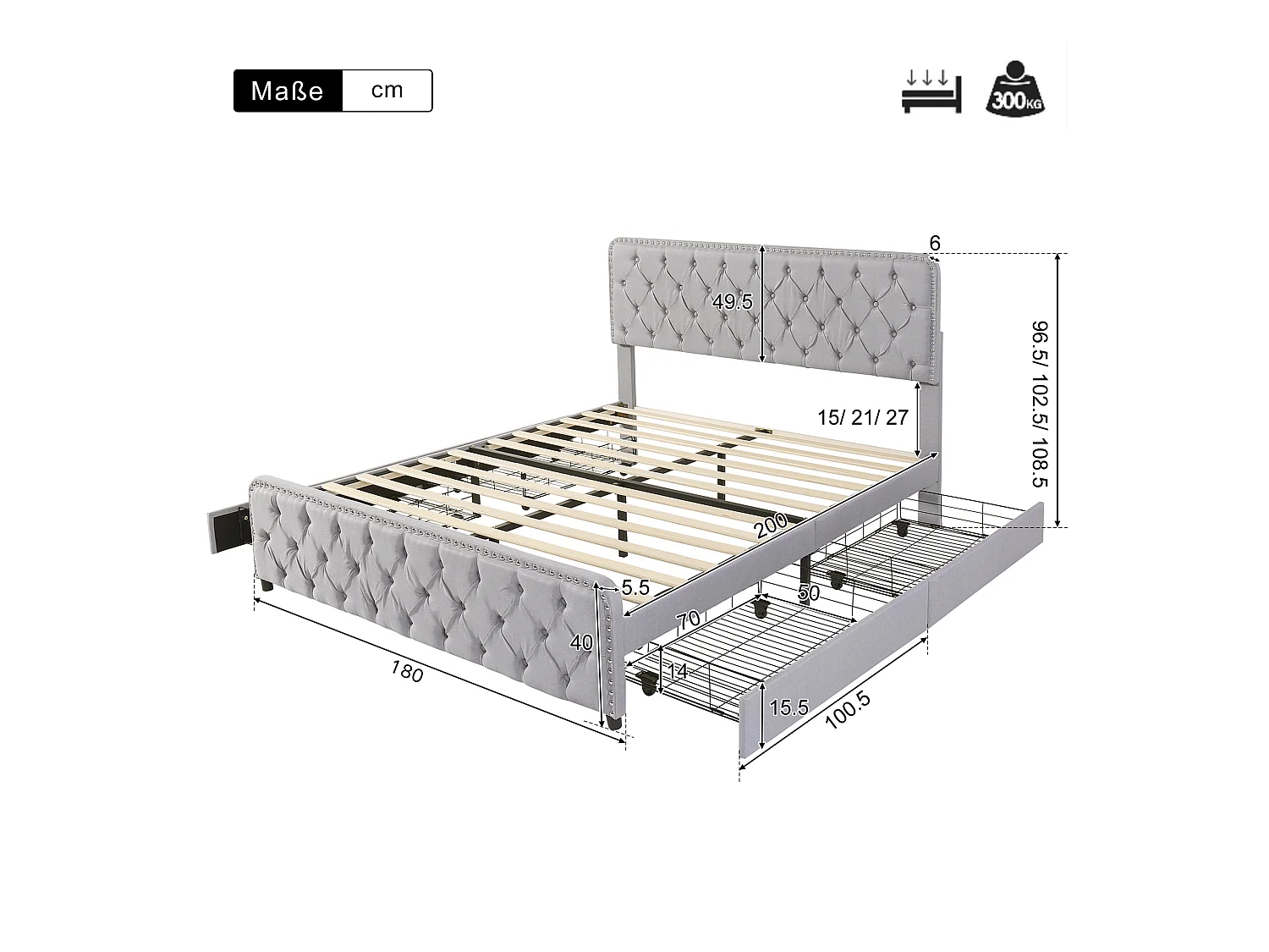 Cama tapizada 180x200 cm con 4 cajones y cabecero regulable - Tejido de lino - Color gris claro