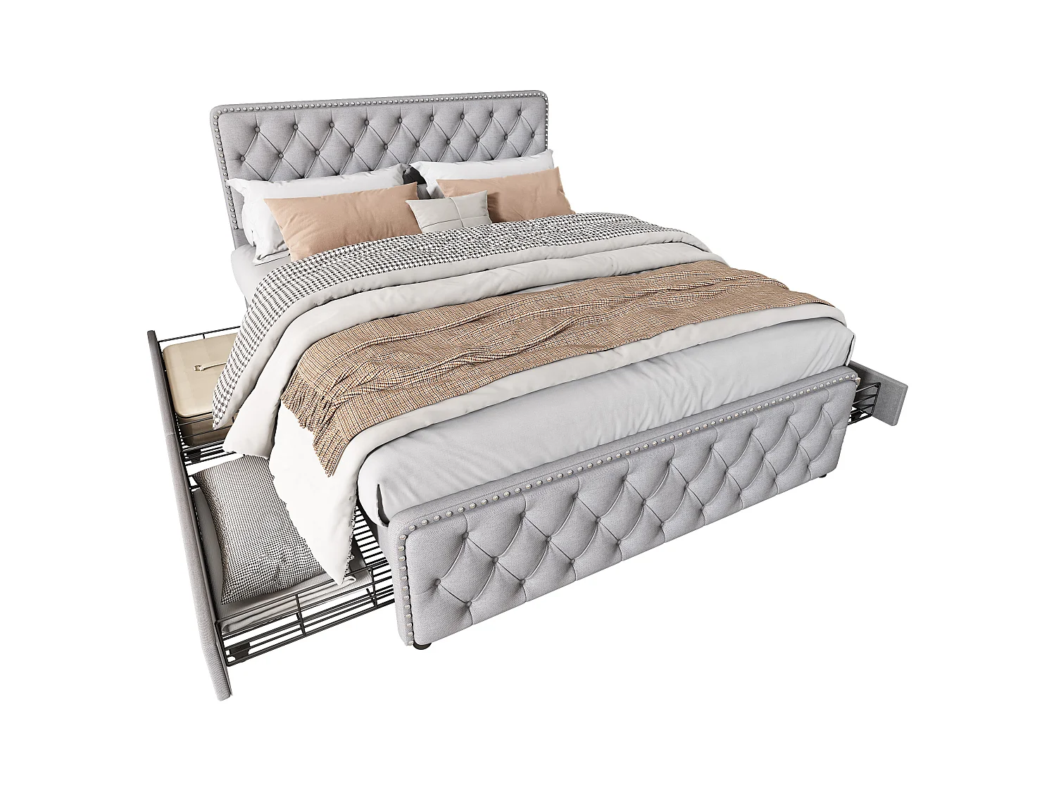 Cama tapizada 180x200 cm con 4 cajones y cabecero regulable - Tejido de lino - Color gris claro