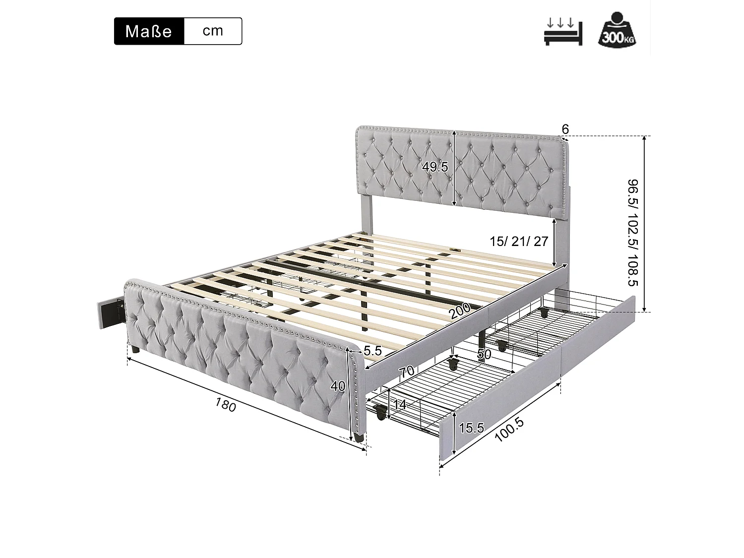 Gestoffeerd bed 180 x 200 cm met 4 lades en verstelbaar hoofdeinde - Linnen stof - Lichtgrijze kleur