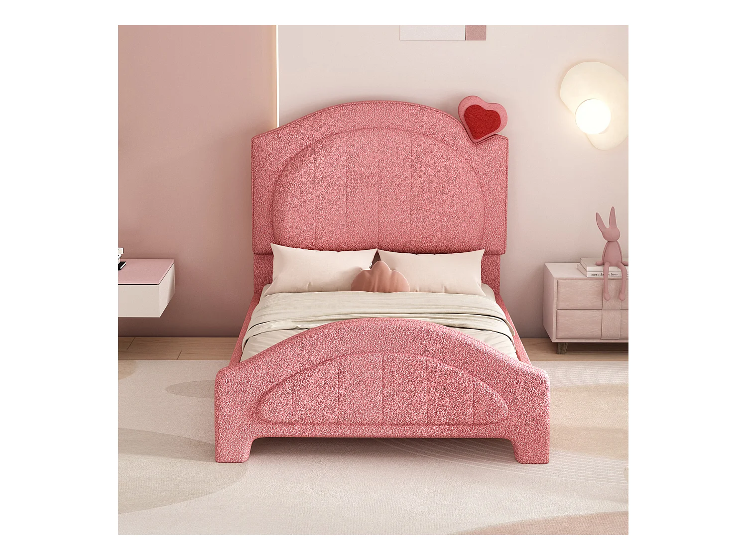 Lit capitonné 90 x 200 cm avec tête de lit réglable - tissu ours en peluche - coloris rose