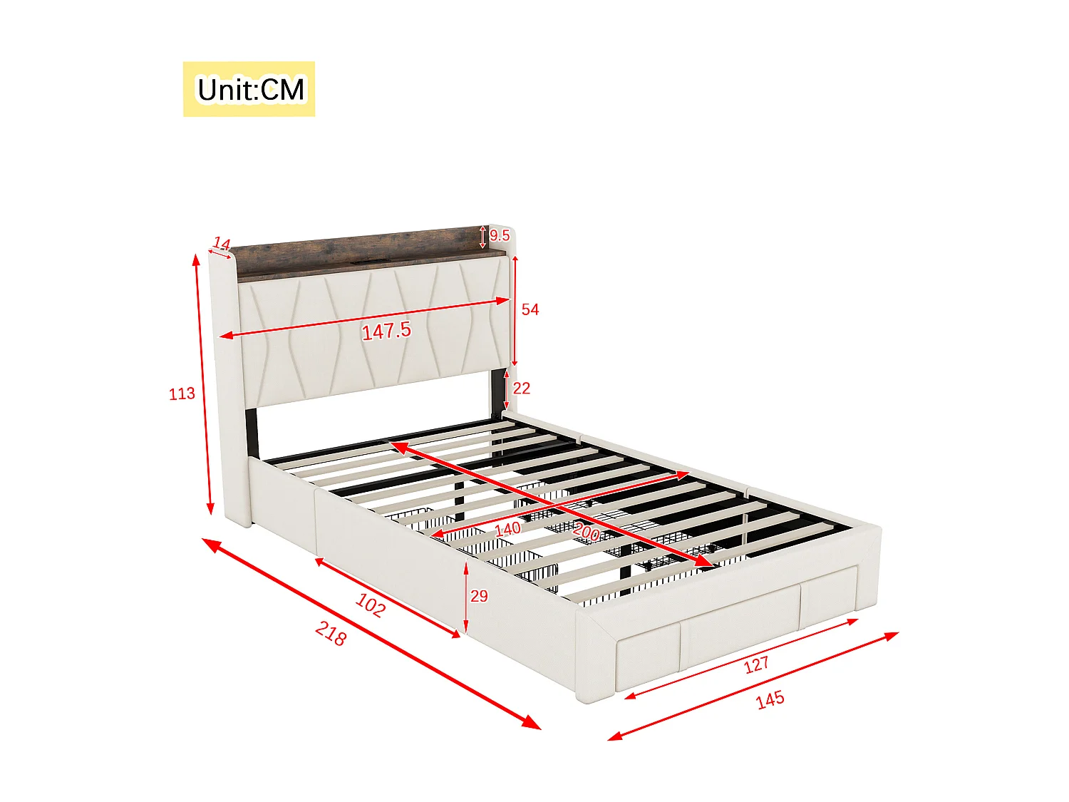 Gestoffeerd bed 140 x 200 cm met 3 lades, USB- en Type-C-aansluitingen - Linnen stof - Kleur beige