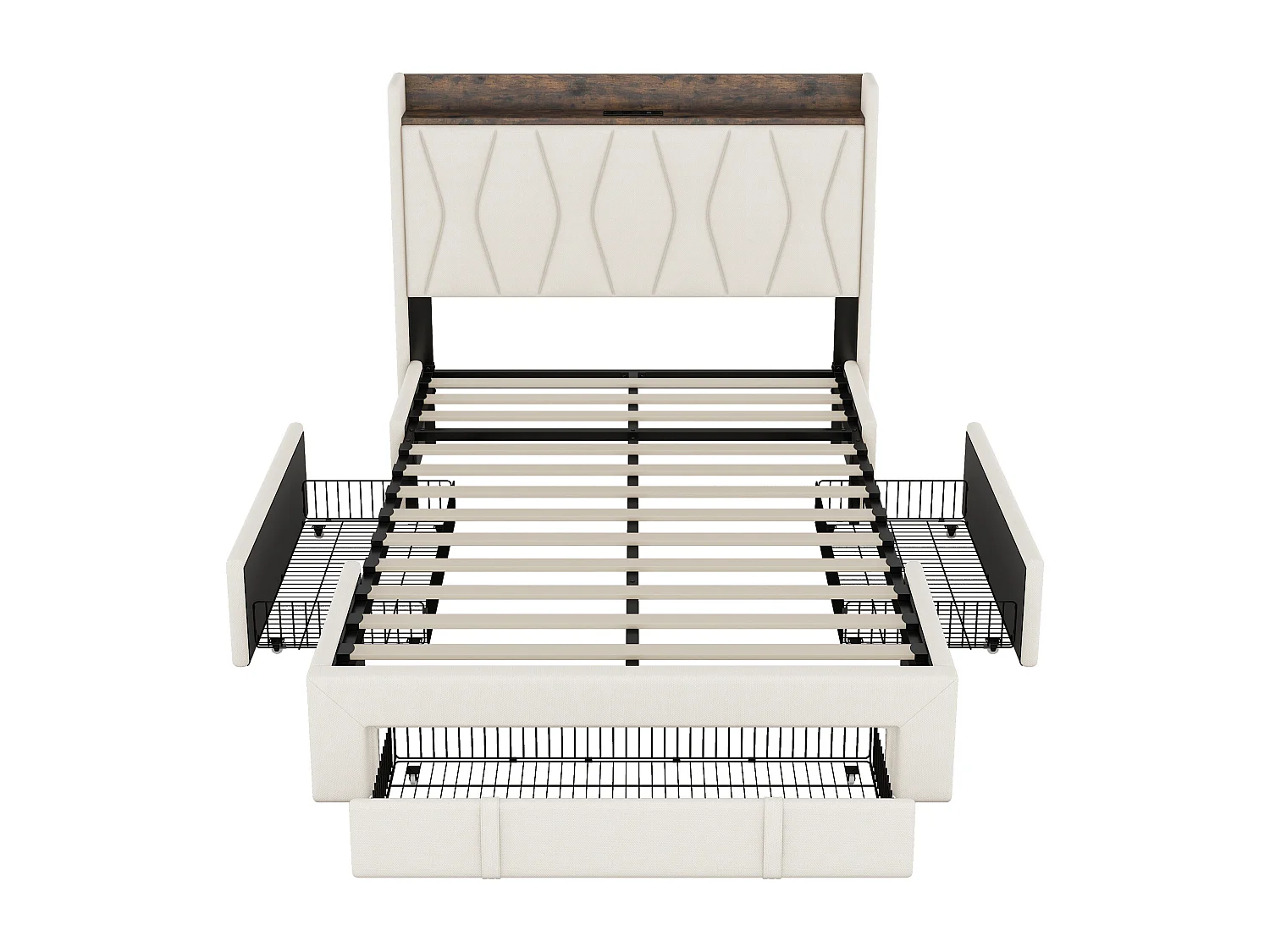 Gestoffeerd bed 140 x 200 cm met 3 lades, USB- en Type-C-aansluitingen - Linnen stof - Kleur beige