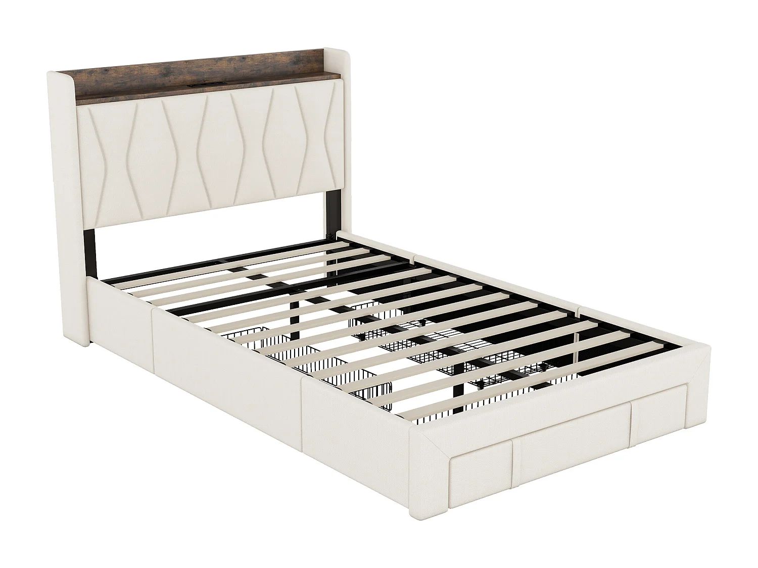 Gestoffeerd bed 140 x 200 cm met 3 lades, USB- en Type-C-aansluitingen - Linnen stof - Kleur beige