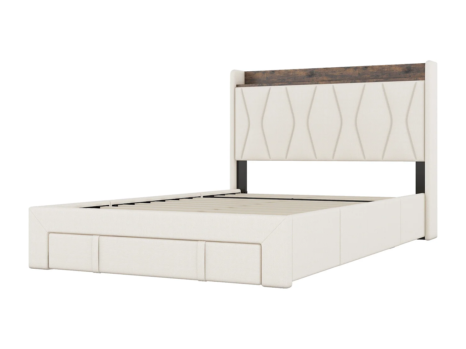 Gestoffeerd bed 140 x 200 cm met 3 lades, USB- en Type-C-aansluitingen - Linnen stof - Kleur beige