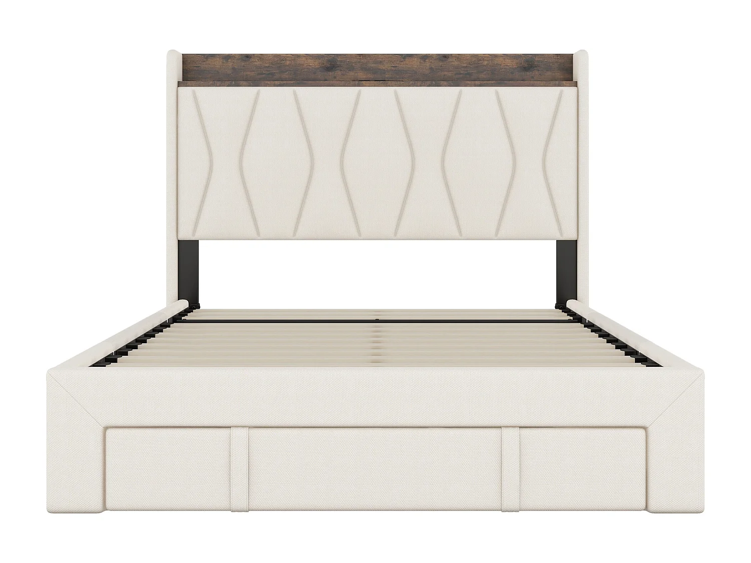 Gestoffeerd bed 140 x 200 cm met 3 lades, USB- en Type-C-aansluitingen - Linnen stof - Kleur beige