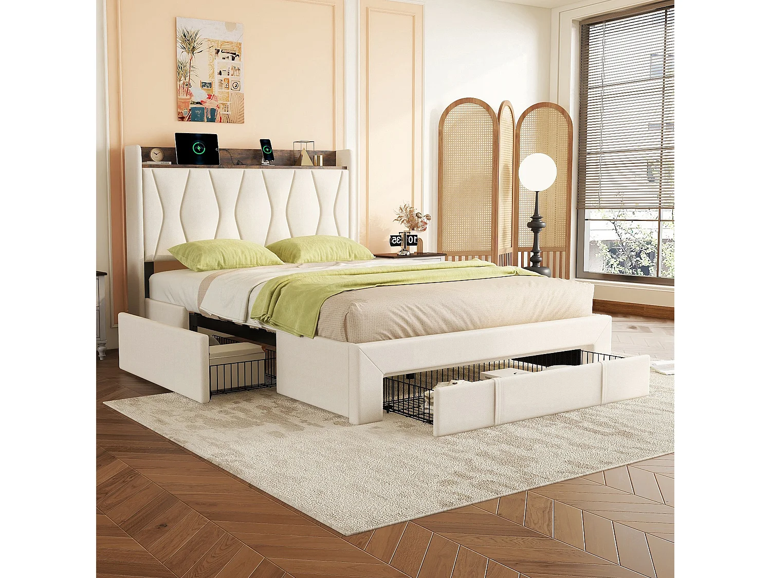 Gestoffeerd bed 140 x 200 cm met 3 lades, USB- en Type-C-aansluitingen - Linnen stof - Kleur beige