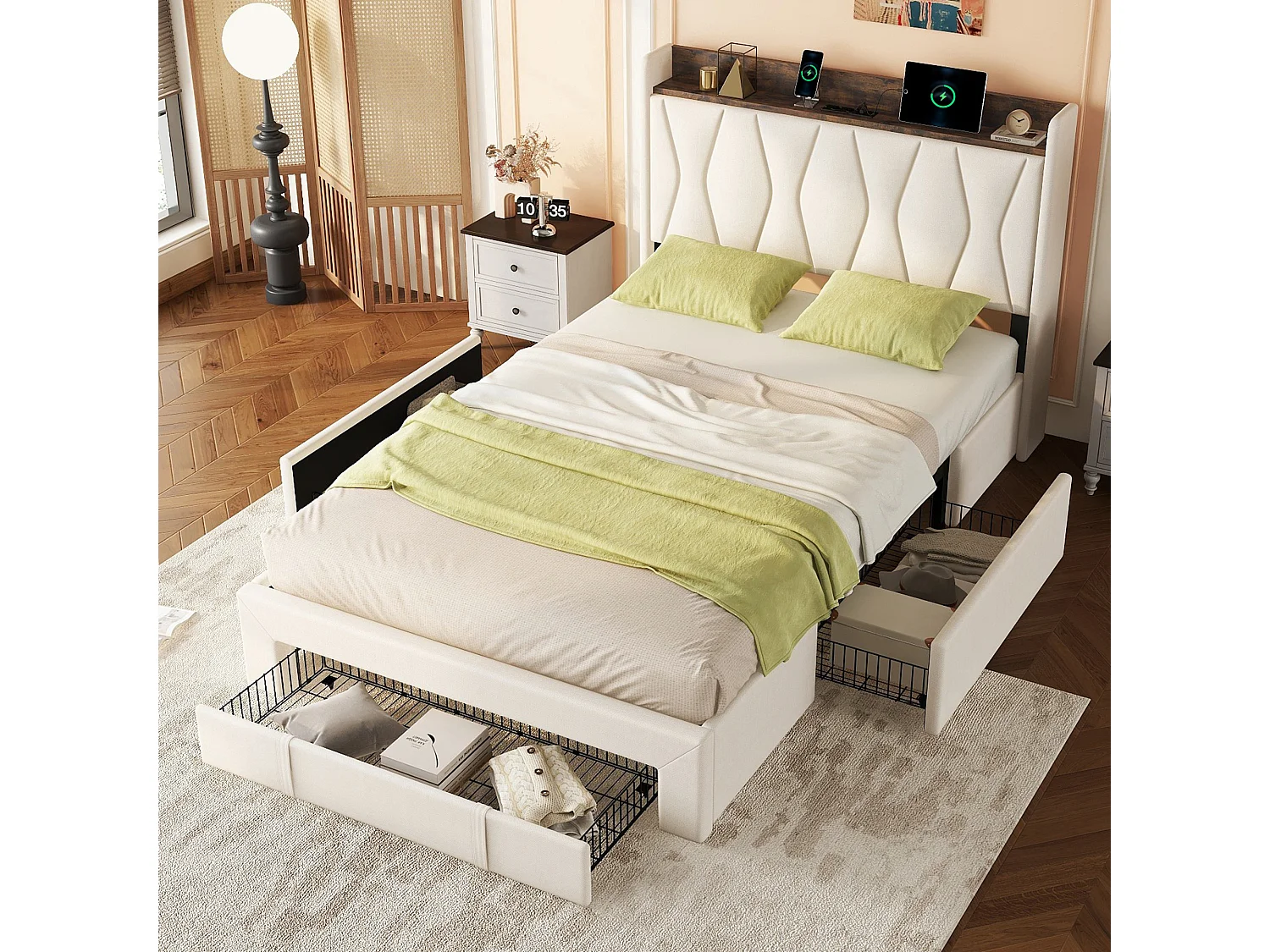 Gestoffeerd bed 140 x 200 cm met 3 lades, USB- en Type-C-aansluitingen - Linnen stof - Kleur beige