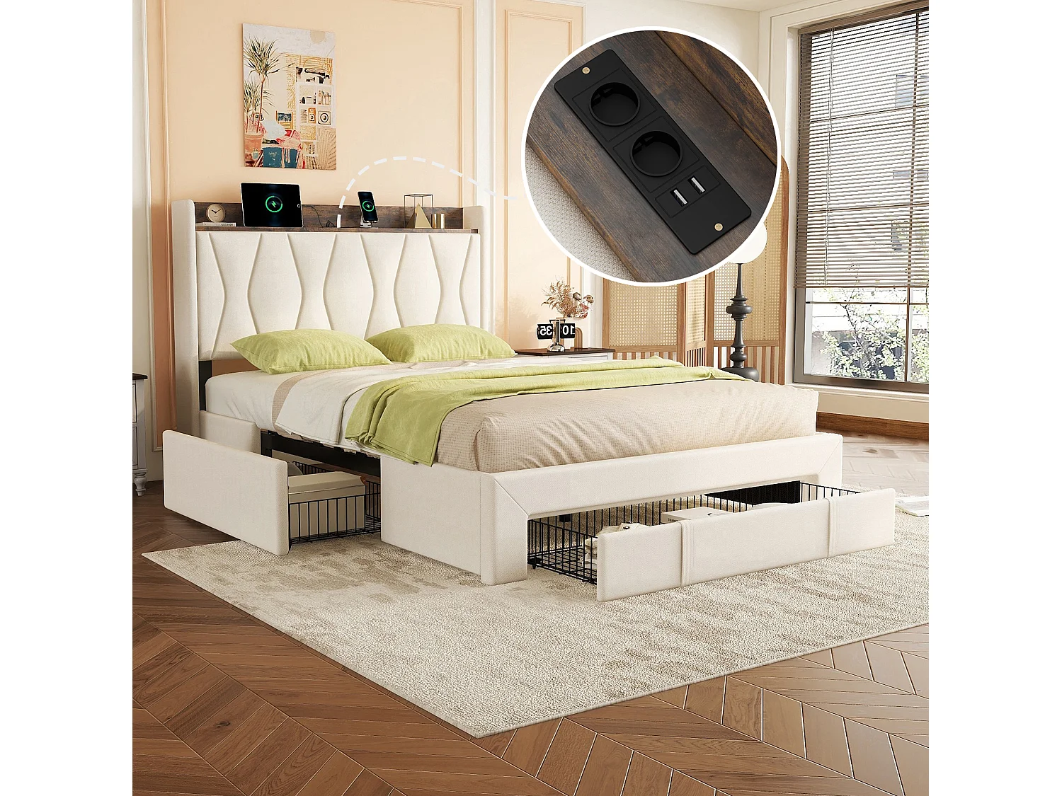 Gestoffeerd bed 140 x 200 cm met 3 lades, USB- en Type-C-aansluitingen - Linnen stof - Kleur beige
