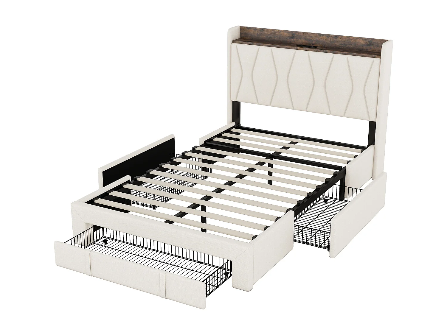 Gestoffeerd bed 140 x 200 cm met 3 lades, USB- en Type-C-aansluitingen - Linnen stof - Kleur beige