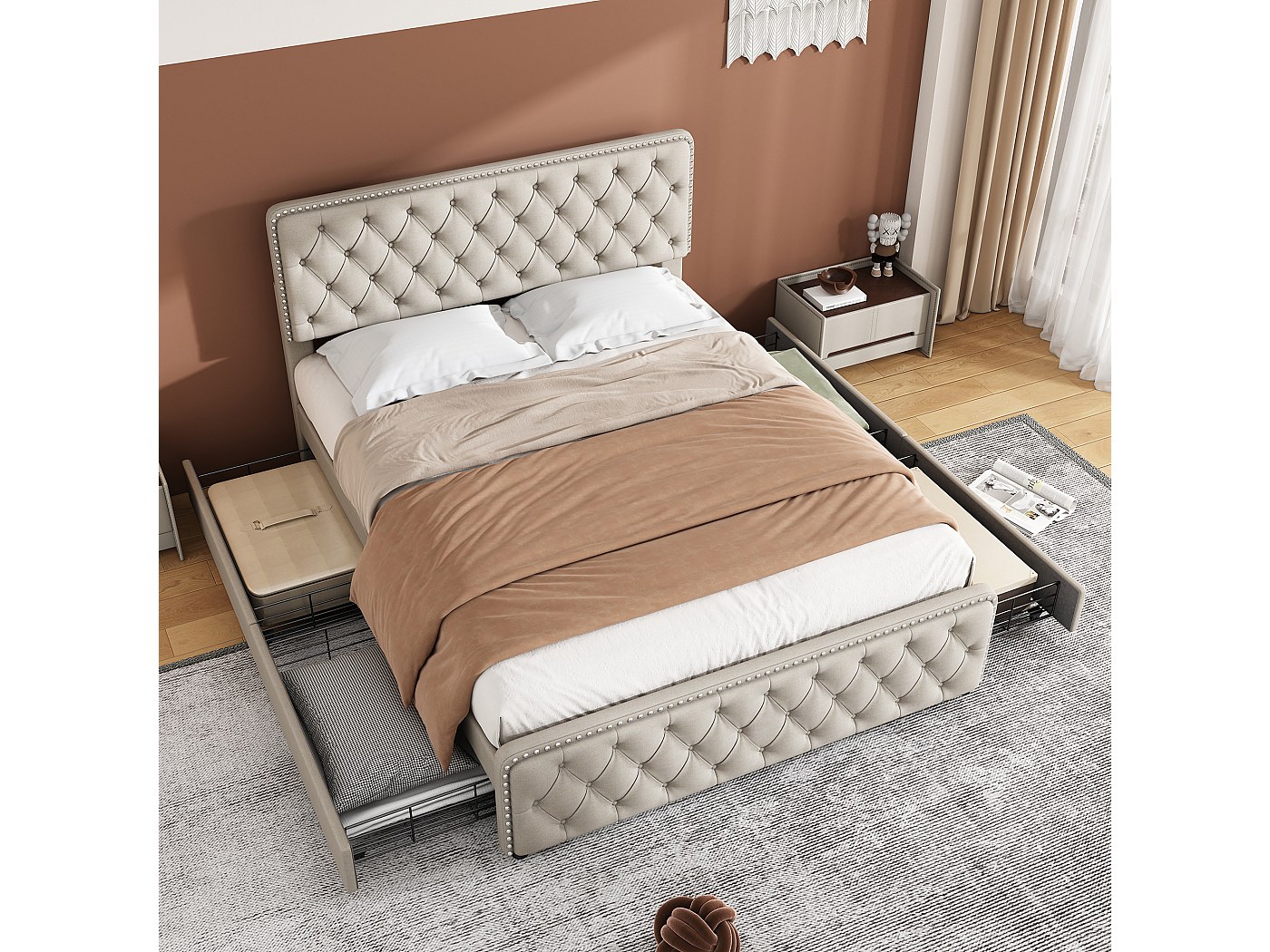 Lit Double 180x200 Cm Velours Bleu - Style Chesterfield Capitonné - Avec Tête De Lit Et Sommier - Neuf