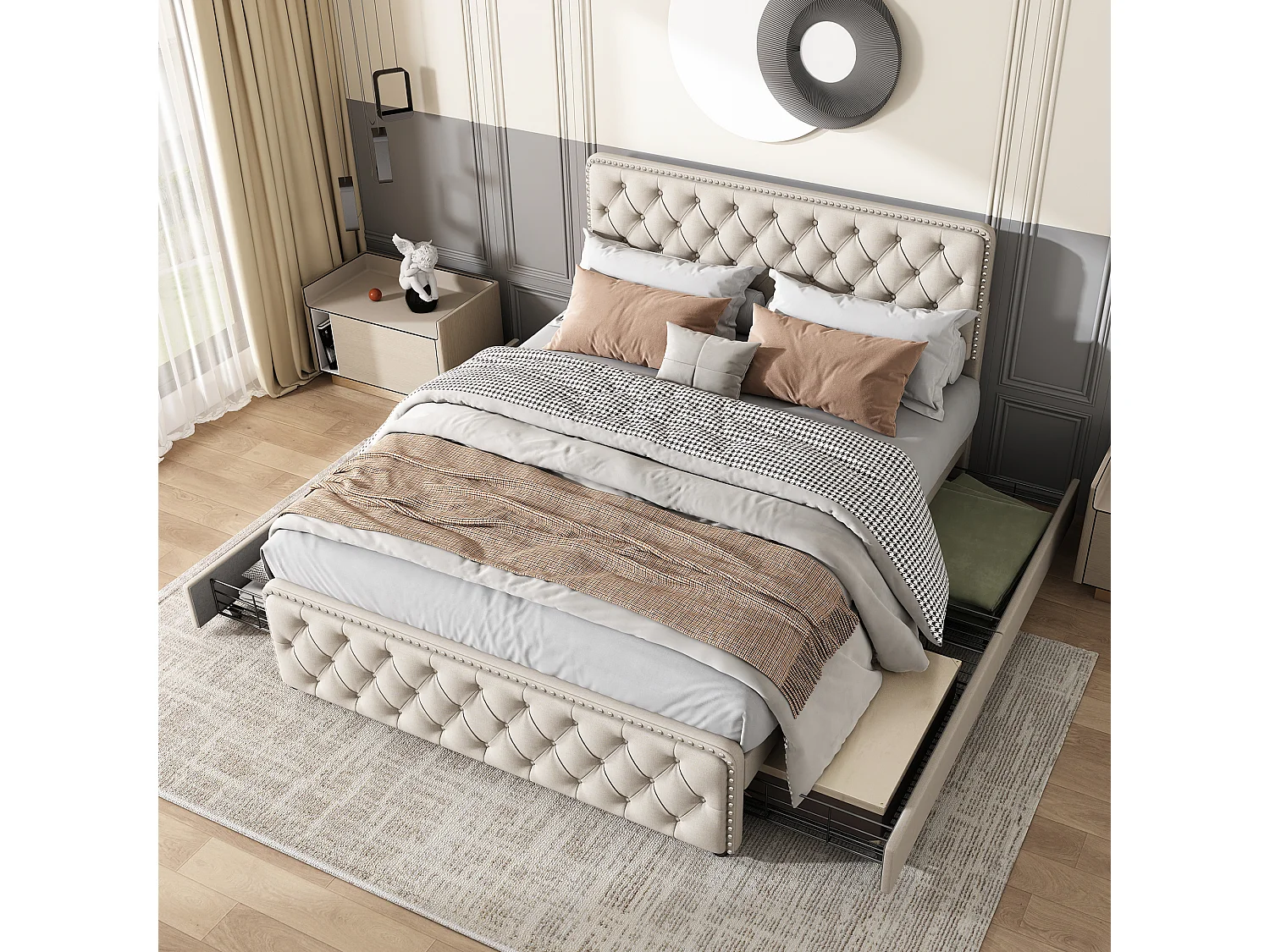 Lit capitonné 180 x 200 cm avec 4 tiroirs et tête de lit réglable - Tissu en lin - Coloris beige