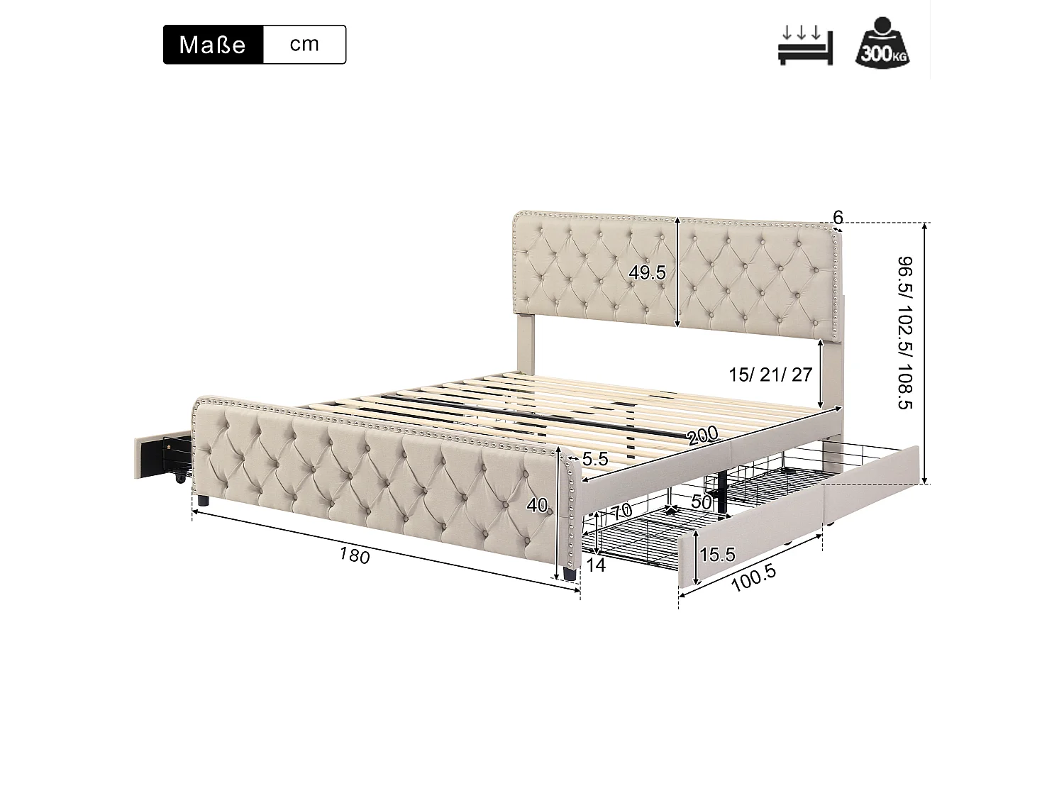 Lit capitonné 180 x 200 cm avec 4 tiroirs et tête de lit réglable - Tissu en lin - Coloris beige
