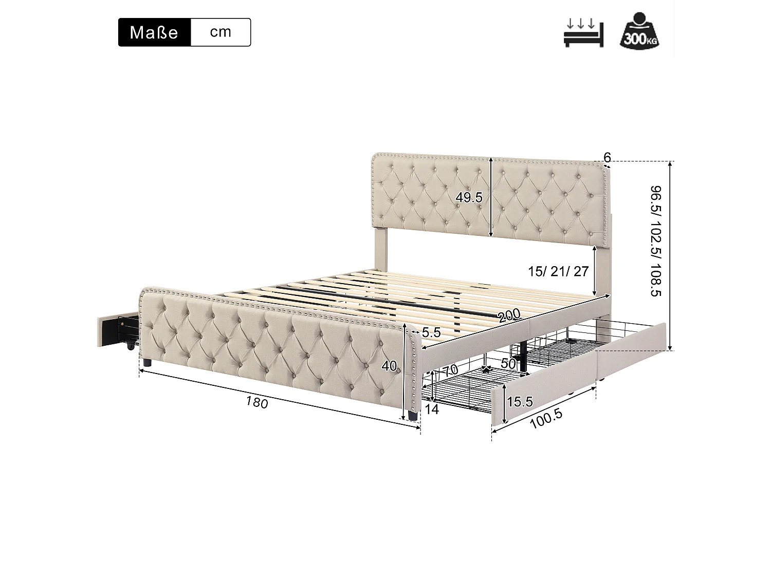 Gestoffeerd bed 180 x 200 cm met 4 lades en verstelbaar hoofdeinde - Linnen stof - Kleur beige