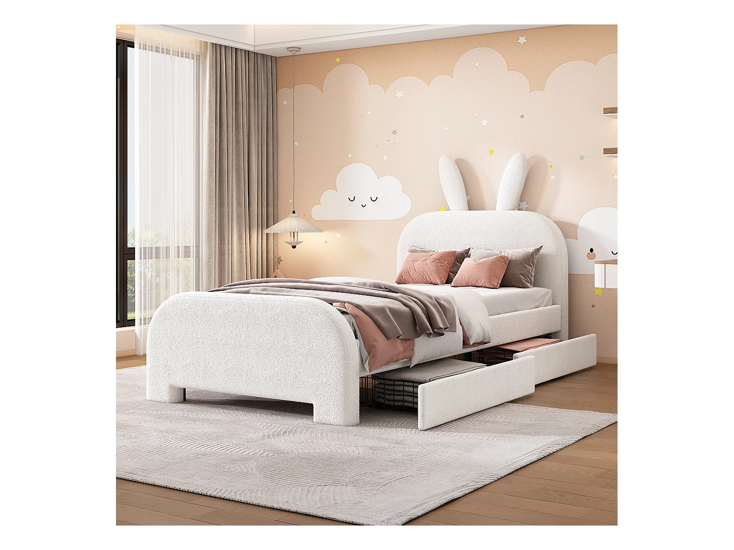 Polsterbett 90 x 200 cm mit 2 Schubladen – Plüschstoff – Kopfteil in Kaninchenform – Farbe Weiß