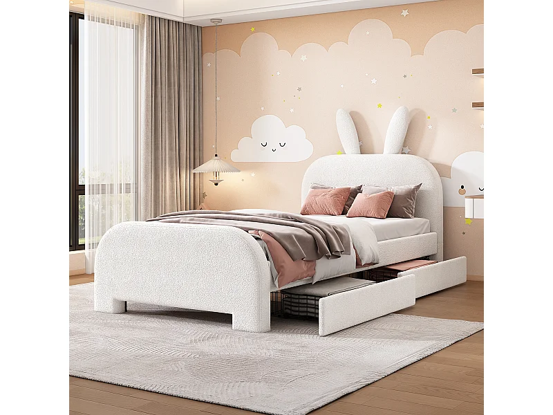 Cama estofada 90 x 200 cm com 2 gavetas - Tecido pelúcia - Cabeceira em formato de coelho - Cor branca