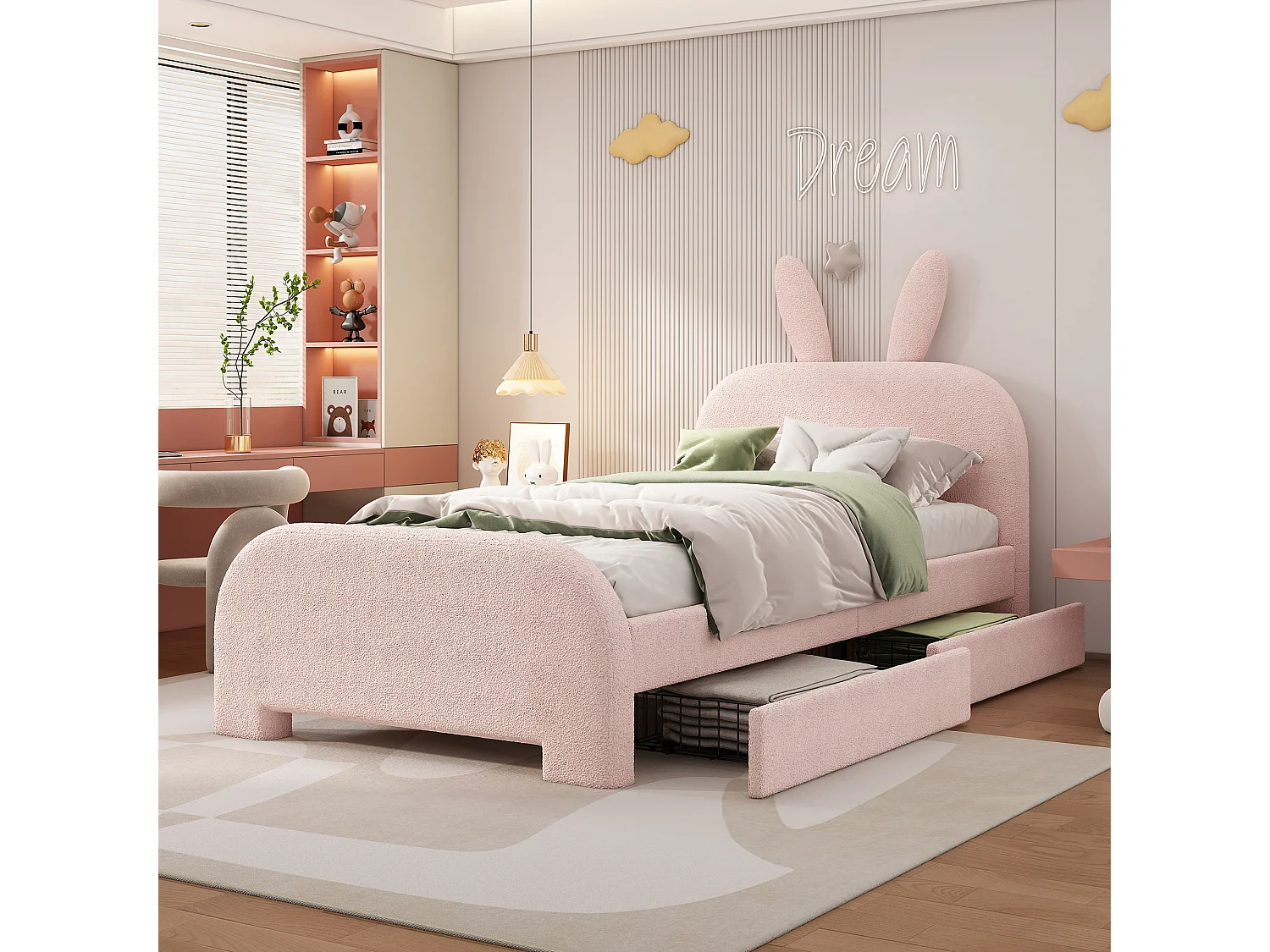 Gestoffeerd bed 90 x 200 cm met 2 lades - Pluche stof - Konijnvormig hoofdeinde - Roze kleur