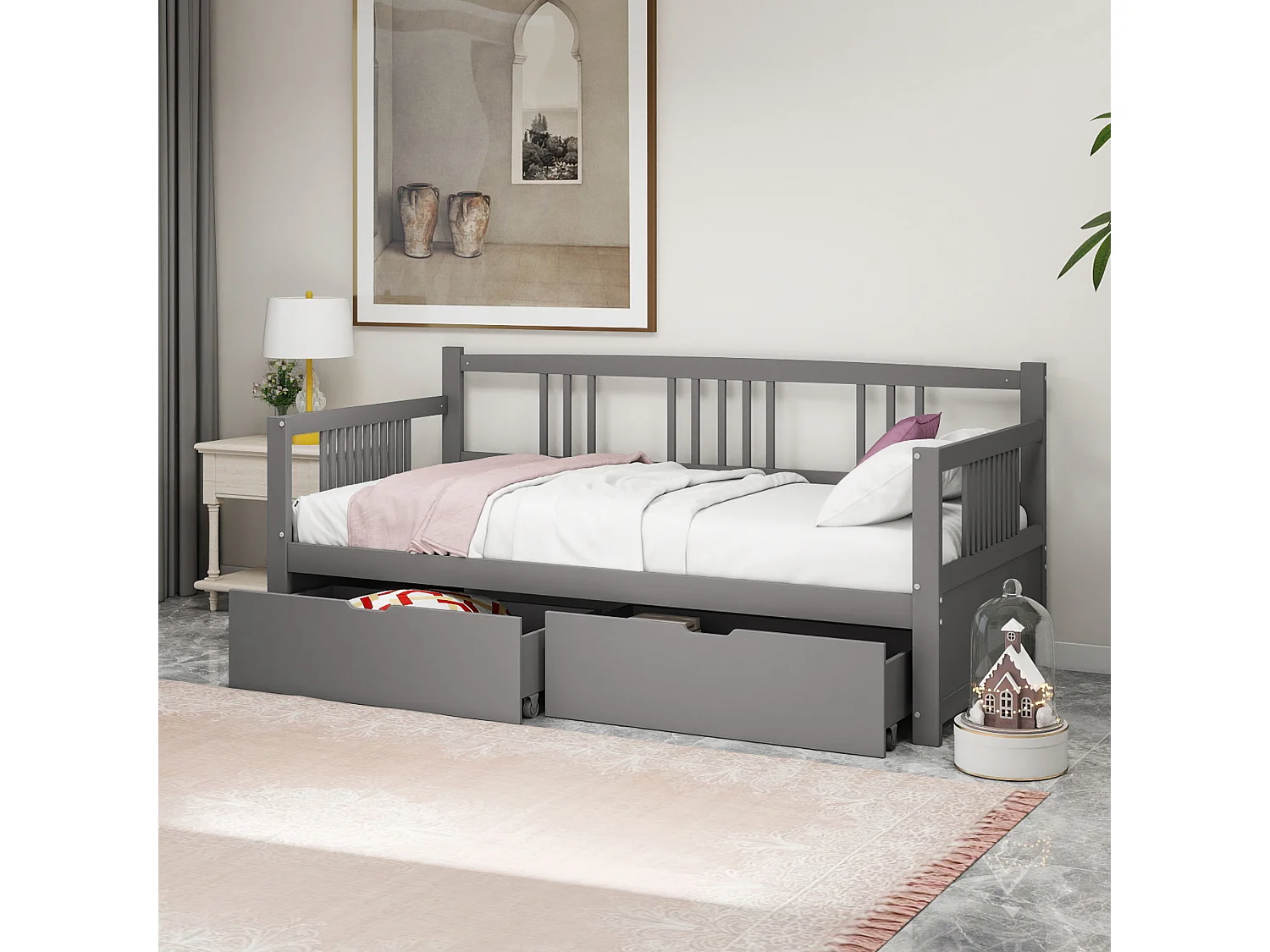 Lit capitonné 90 x 200 cm avec 2 tiroirs, canapé-lit - bois massif - sommier à lattes - coloris gris