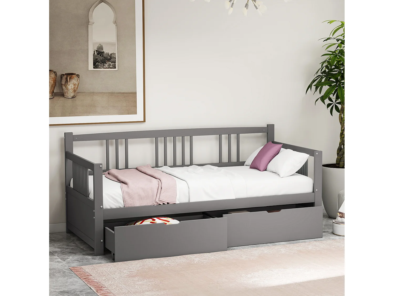 Lit capitonné 90 x 200 cm avec 2 tiroirs, canapé-lit - bois massif - sommier à lattes - coloris gris