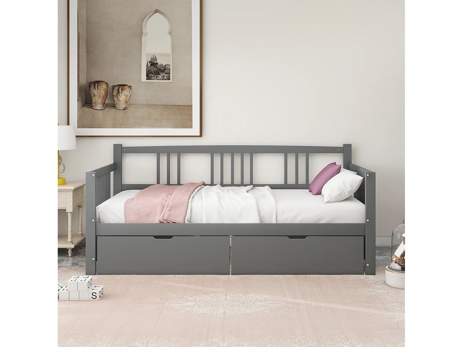 Lit capitonné 90 x 200 cm avec 2 tiroirs, canapé-lit - bois massif - sommier à lattes - coloris gris