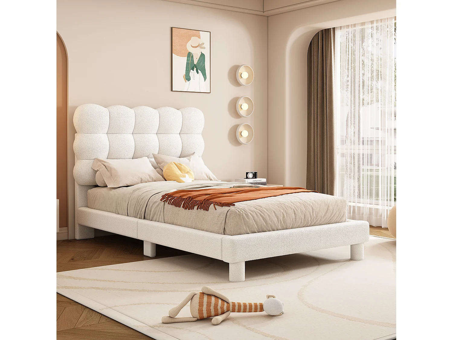 Polsterbett 90 x 200 cm mit verstellbarem Kopfteil – Plüschstoff – Modisch und schlicht – Farbe Weiß