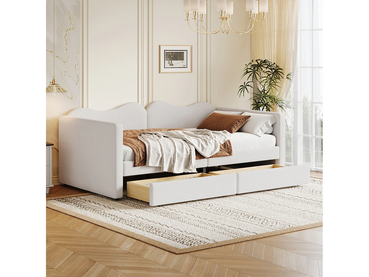 Lit capitonné 90 x 200 cm avec 2 tiroirs, canapé-lit - tissu ours en peluche - coloris blanc