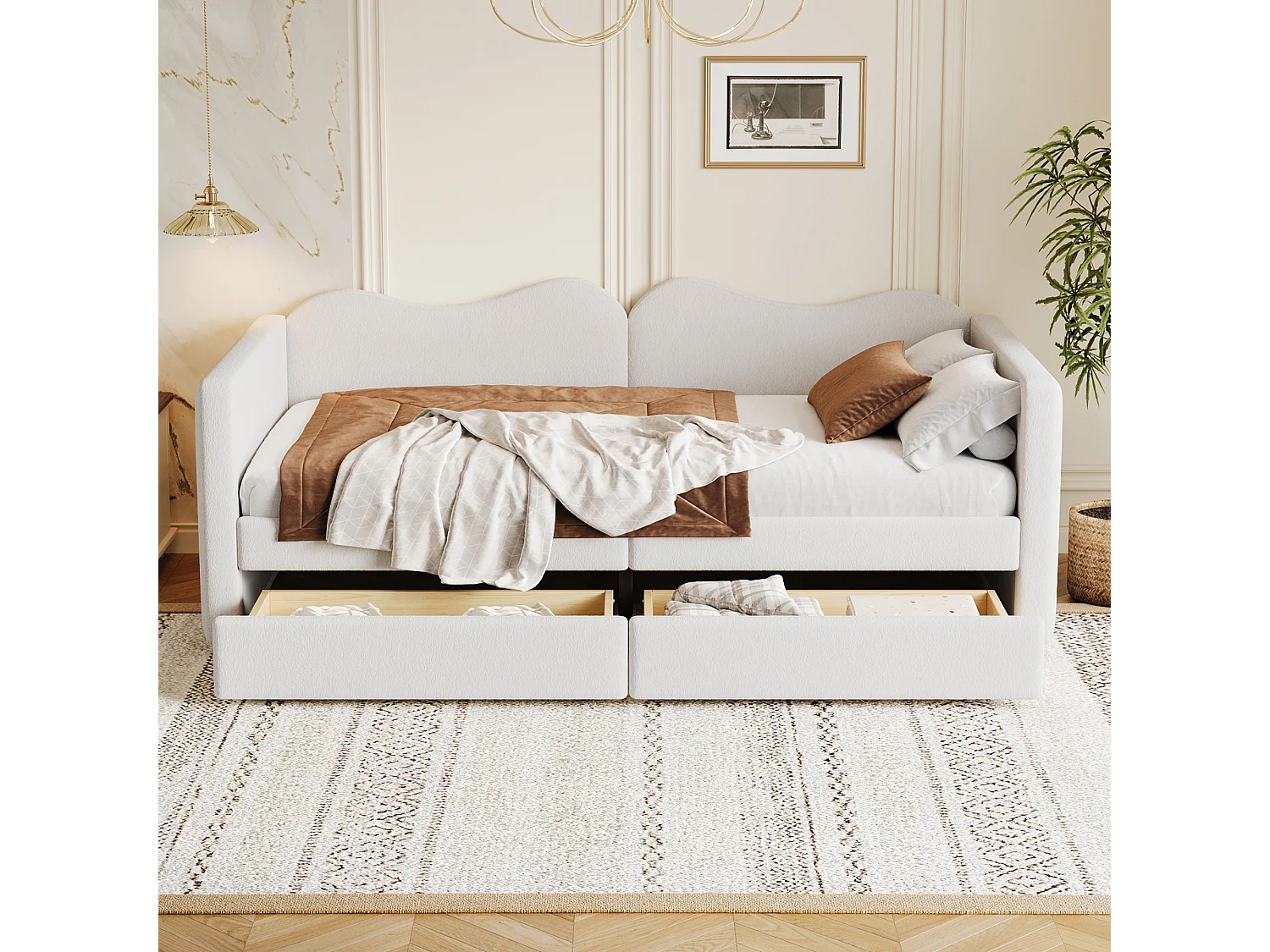 Lit capitonné 90 x 200 cm avec 2 tiroirs, canapé-lit - tissu ours en peluche - coloris blanc