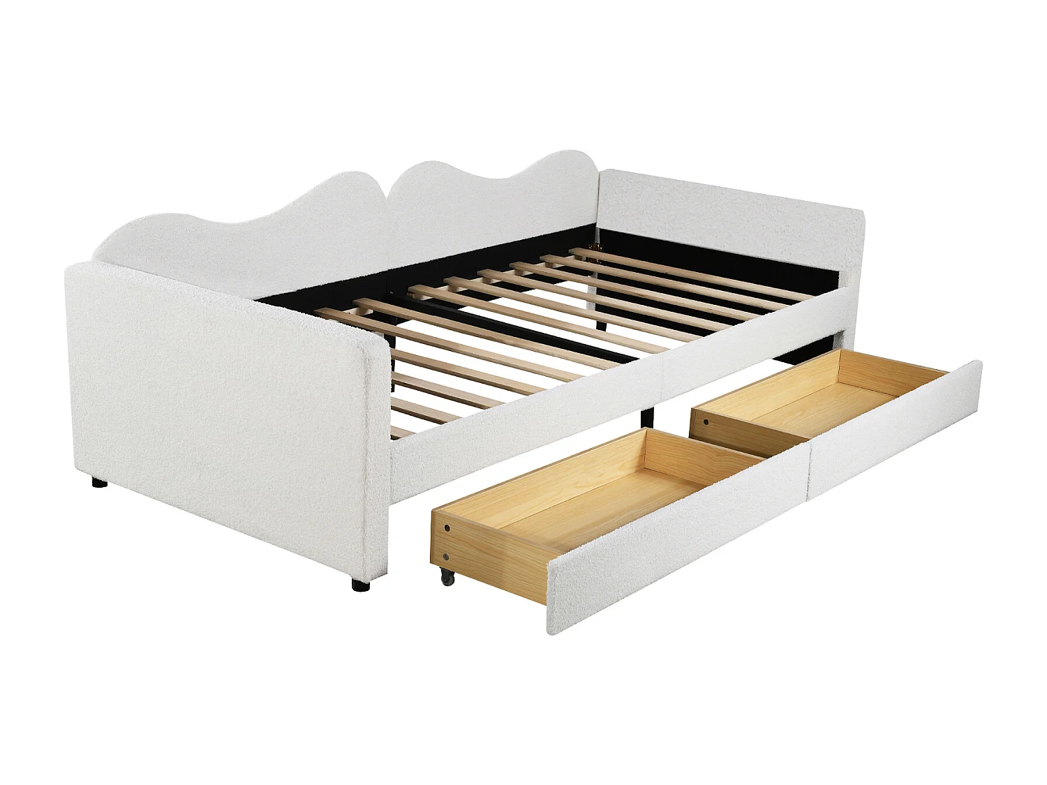 Lit capitonné 90 x 200 cm avec 2 tiroirs, canapé-lit - tissu ours en peluche - coloris blanc