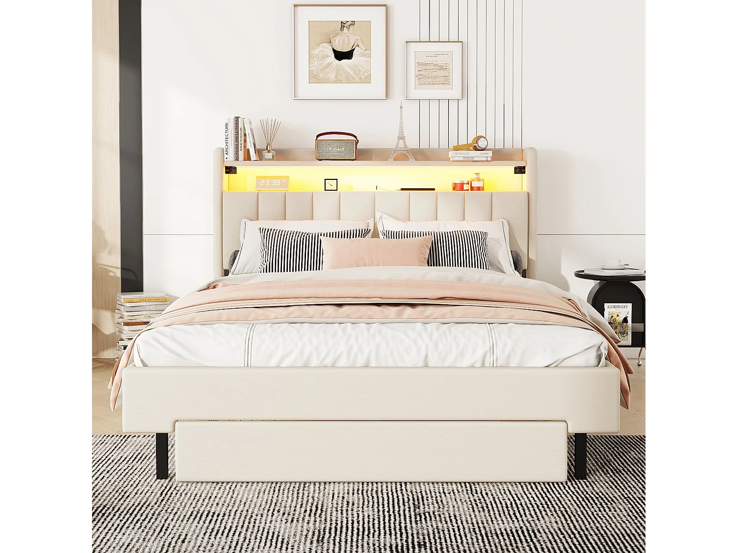 Lit capitonné 140 x 200 cm avec 2 tiroirs, prise USB et LEDs - tête de lit rabattable - tissu en lin - coloris beige