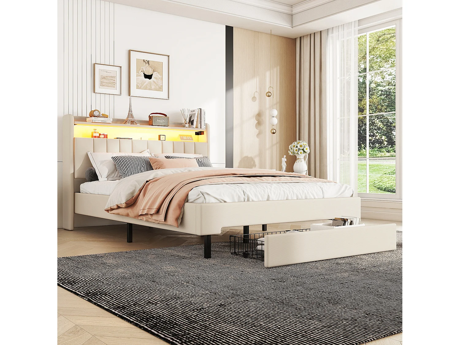 Lit capitonné 140 x 200 cm avec 2 tiroirs, prise USB et LEDs - tête de lit rabattable - tissu en lin - coloris beige