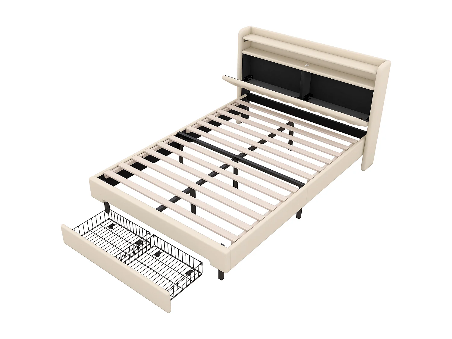 Lit capitonné 140 x 200 cm avec 2 tiroirs, prise USB et LEDs - tête de lit rabattable - tissu en lin - coloris beige