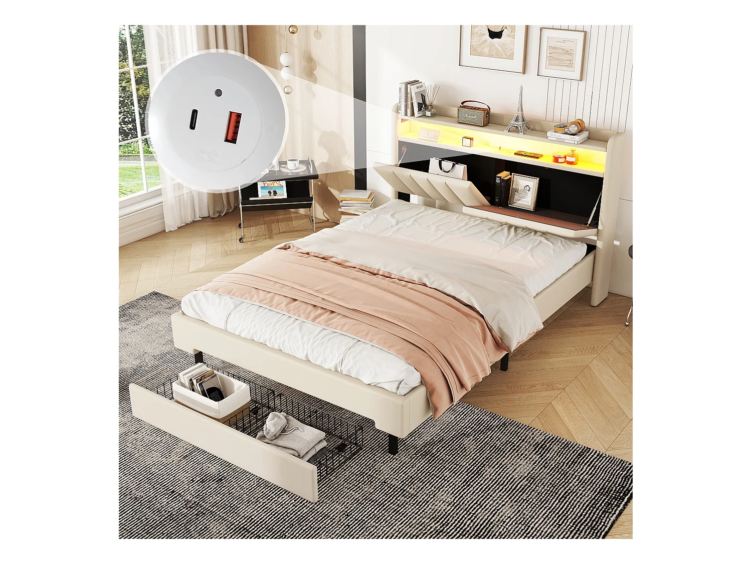 Gestoffeerd bed 140 x 200 cm met 2 lades, USB-aansluiting en LED-verlichting - opklapbaar hoofdeinde - linnen stof - beige kleur