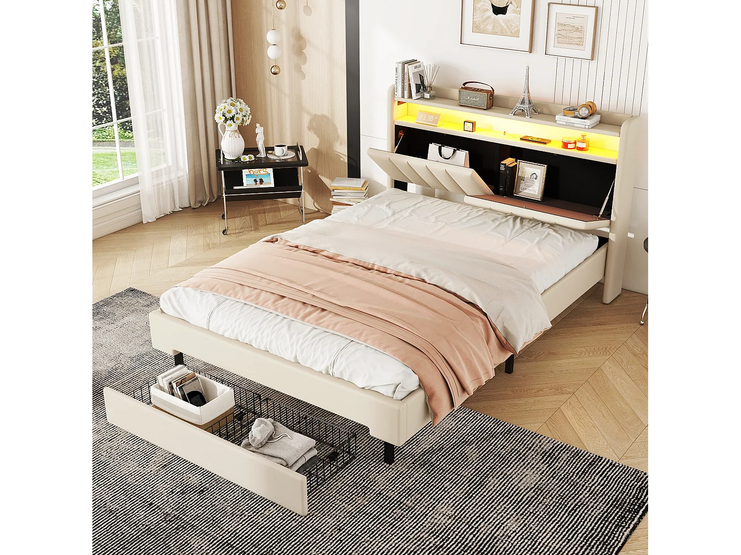 Gestoffeerd bed 140 x 200 cm met 2 lades, USB-aansluiting en LED-verlichting - opklapbaar hoofdeinde - linnen stof - beige kleur