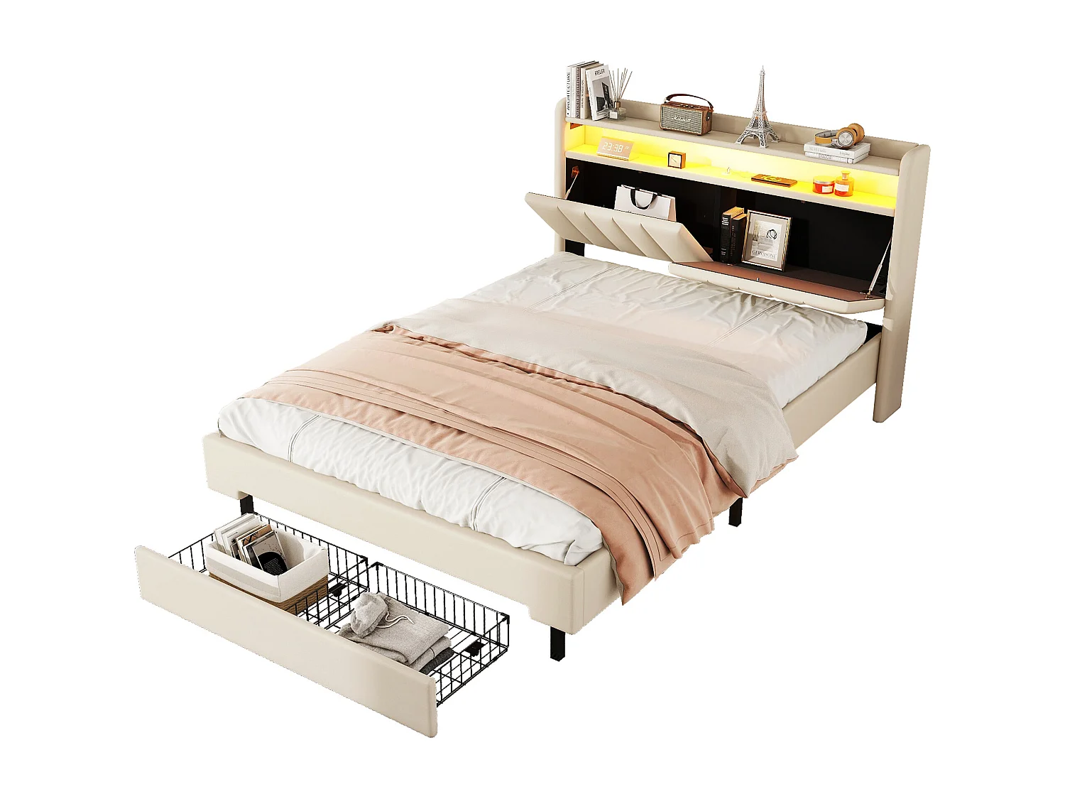 Gestoffeerd bed 140 x 200 cm met 2 lades, USB-aansluiting en LED-verlichting - opklapbaar hoofdeinde - linnen stof - beige kleur