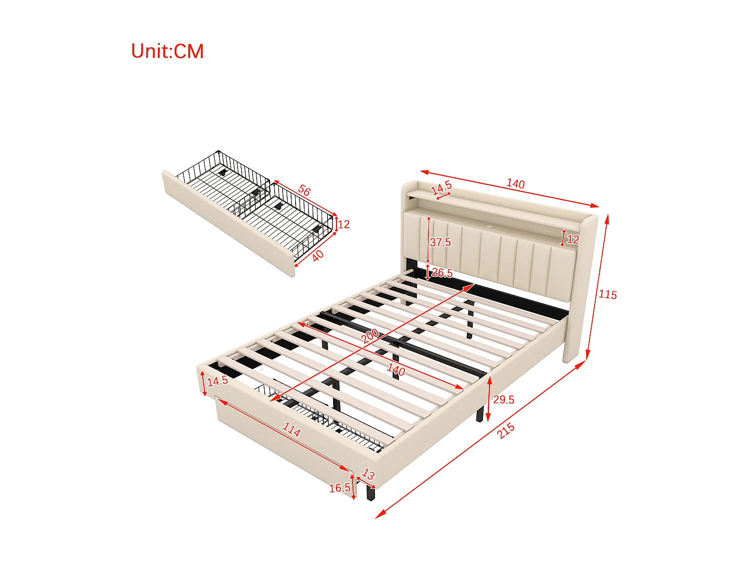 Gestoffeerd bed 140 x 200 cm met 2 lades, USB-aansluiting en LED-verlichting - opklapbaar hoofdeinde - linnen stof - beige kleur
