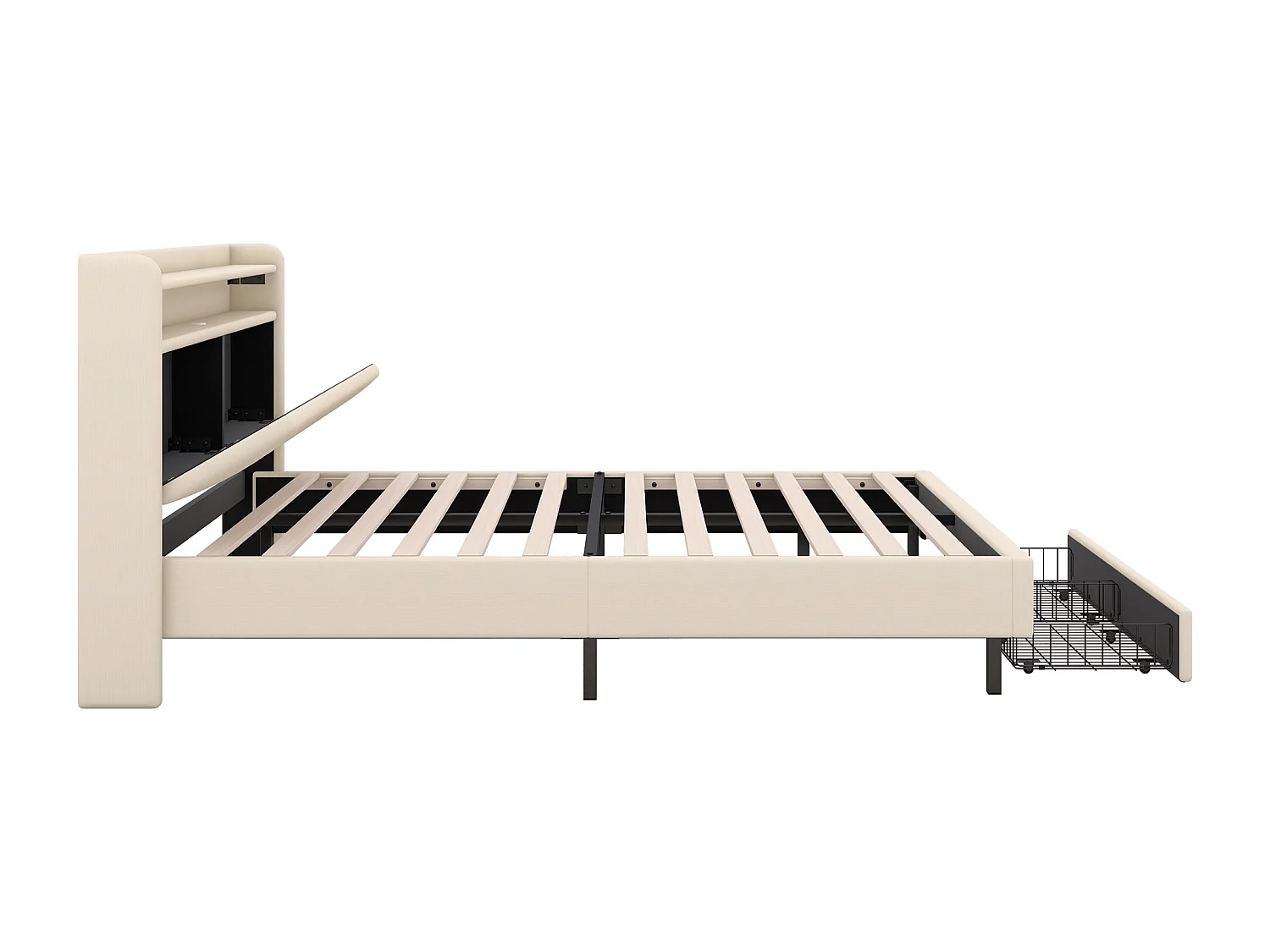 Gestoffeerd bed 140 x 200 cm met 2 lades, USB-aansluiting en LED-verlichting - opklapbaar hoofdeinde - linnen stof - beige kleur