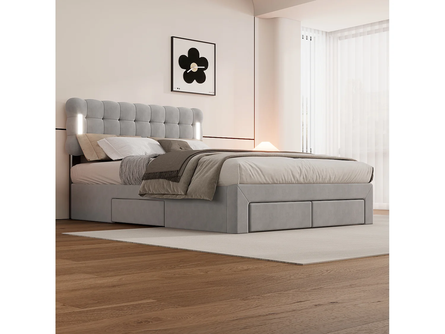 Gestoffeerd bed 140 x 200 cm met 4 lades en verlichting - fluweel - lattenbodem - kleur grijs