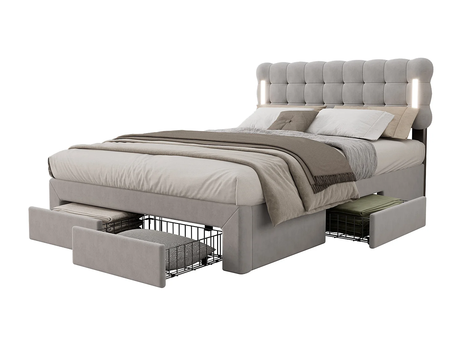 Gestoffeerd bed 140 x 200 cm met 4 lades en verlichting - fluweel - lattenbodem - kleur grijs