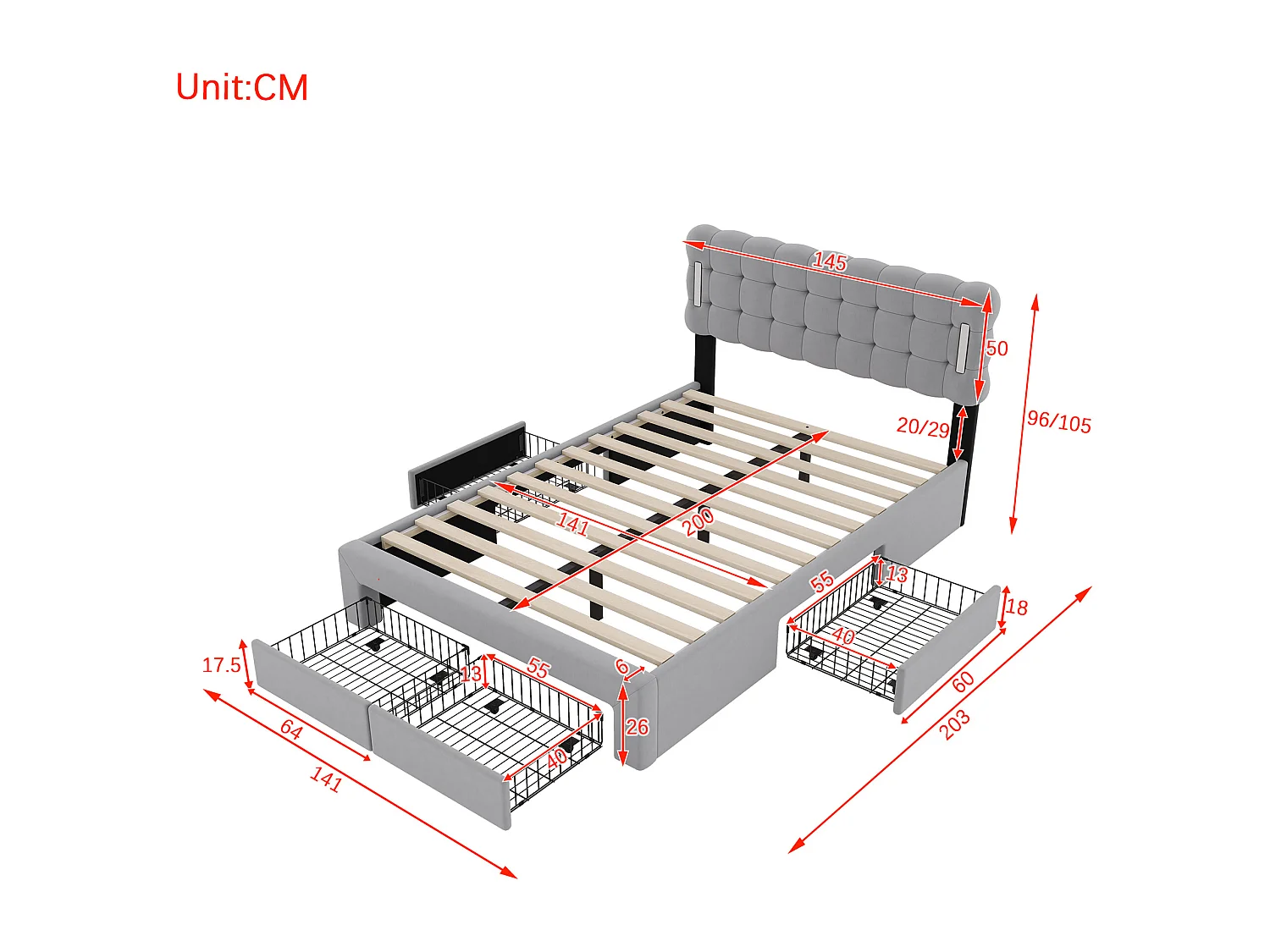 Gestoffeerd bed 140 x 200 cm met 4 lades en verlichting - fluweel - lattenbodem - kleur grijs